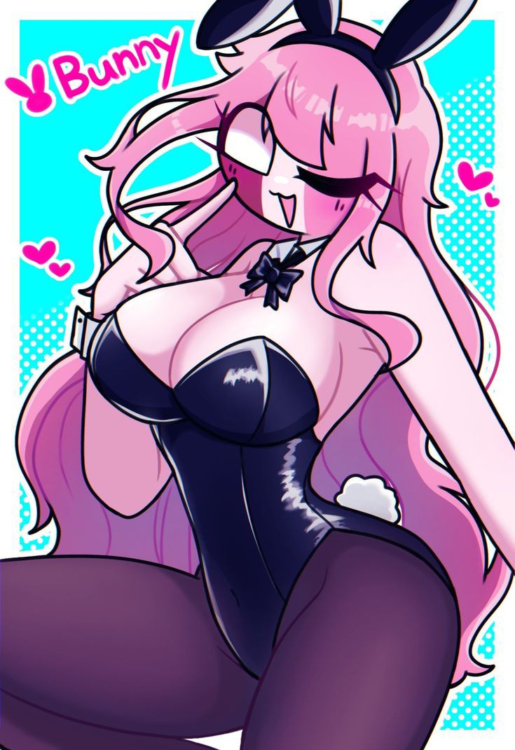 big breasts, black clothing, breasts, bunnysuit, cute, female, friday night funkin, latex, light body, long hair, looking at viewer, no pupils, pink hair, sarvente (dokki.doodlez), sarvente (friday night funkin), solo, thighs, white eyes, white pupils, winking