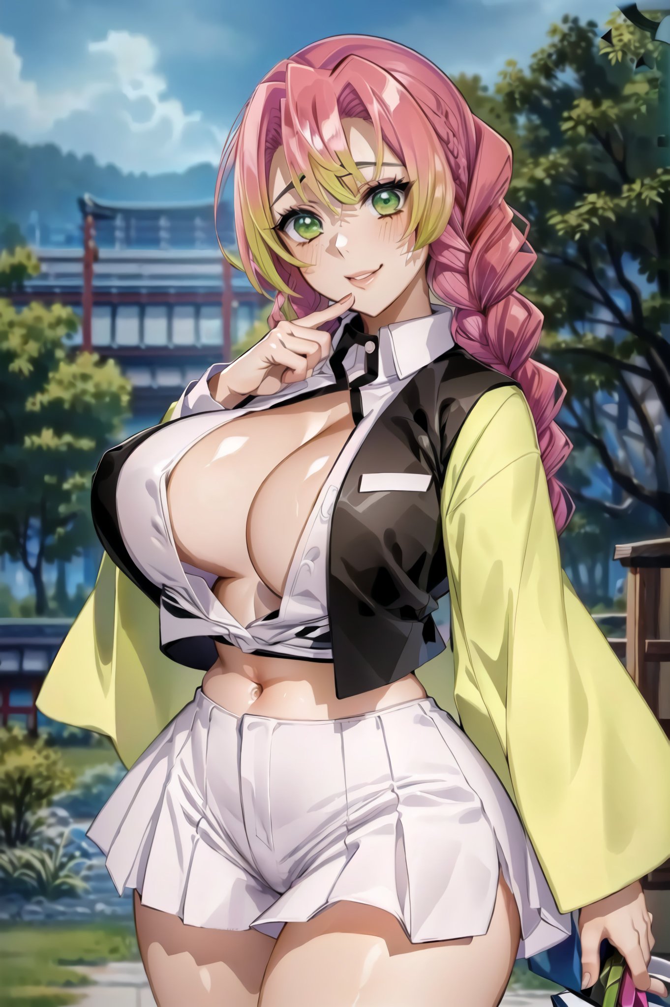 1girls, ai generated, breasts, curvaceous, curvy body, curvy female, demon slayer, female, female focus, female only, green eyes, high resolution, huge breasts, kanroji mitsuri, kimetsu no yaiba, pink hair, school uniform, skirt, solo, solo female, stable diffusion, voluptuous, voluptuous female