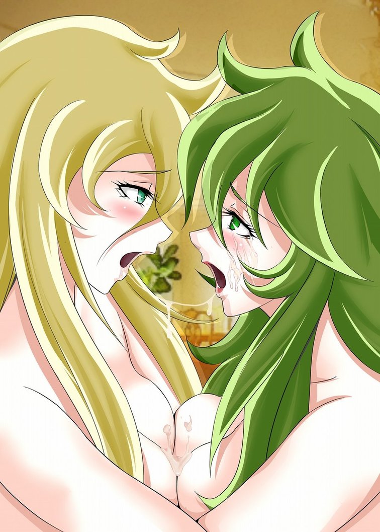 2girls blonde_hair blush breast_press breasts busty drooling female female_only green_eyes green_hair half-closed_eyes human kissing long_hair multiple_girls ophiuchus_shaina pale-skinned_female pale_skin peacock_pavlin saint_seiya saint_seiya_omega saliva shounen_jump silver_saints yuri