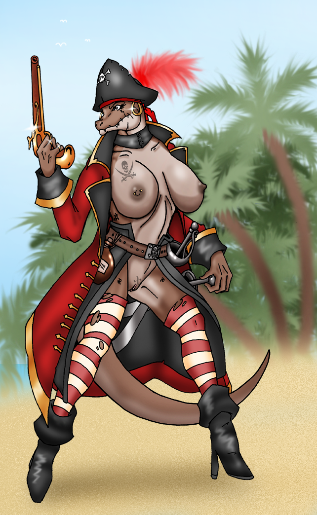 anthro beach boots breasts female flintlock_pistol functionally_nude gun lordstevie nipples pirate pistol pussy reptile scalie seaside stockings tail tattoo unconvincing_armour weapon