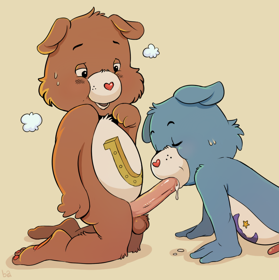 2011 2boys anthro balls battle_angel bear bedtime_bear blue_fur blush brown_fur care_bear closed_eyes color cum fur furry furry_only gay hindpaw kneeling male male_only nude oral pawpads penis simple_background sweat yaoi