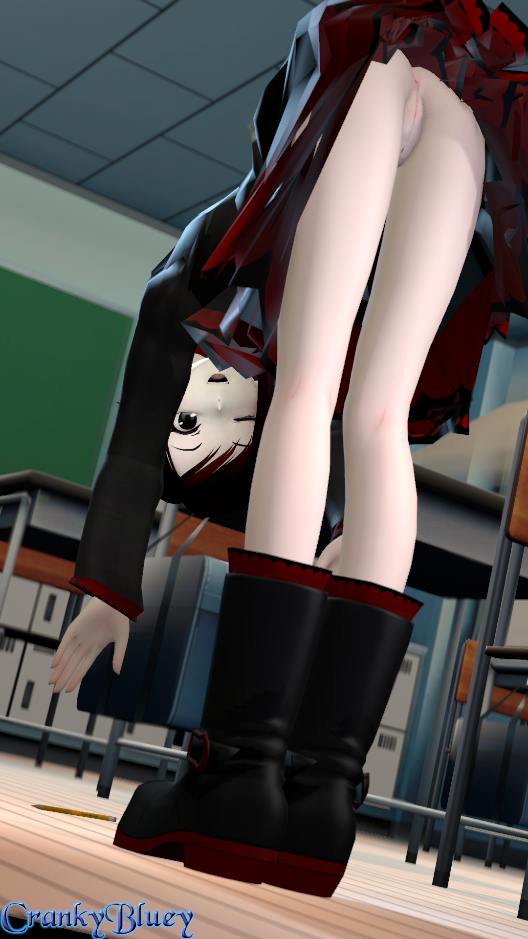 3d, anus, bent over, classroom, crankybluey, female, female only, lolita fashion, looking at viewer, no panties, partially clothed, pencil, pussy, reaching, red hair, ruby rose, rwby, silver eyes, source filmmaker, upskirt
