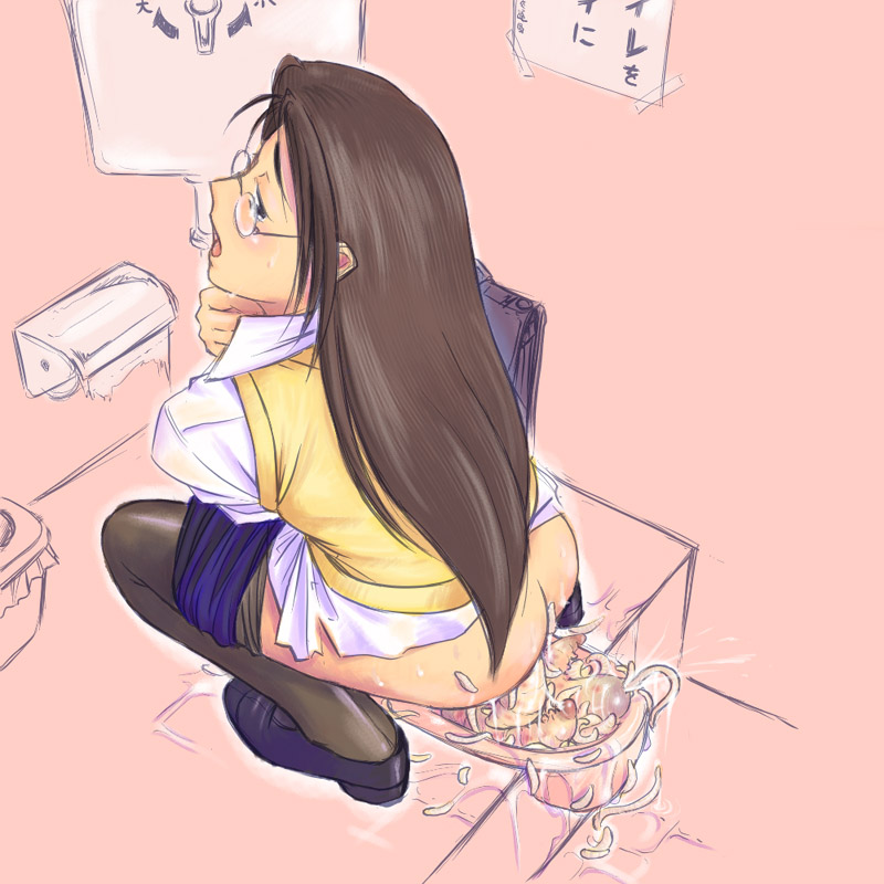1girls, birth, brown hair, female, glasses, insects, long hair, maggot, open mouth, pregnant, spilling, squatting, that mysterious guy who draws worms on oekaki, toilet, trashcan, worm
