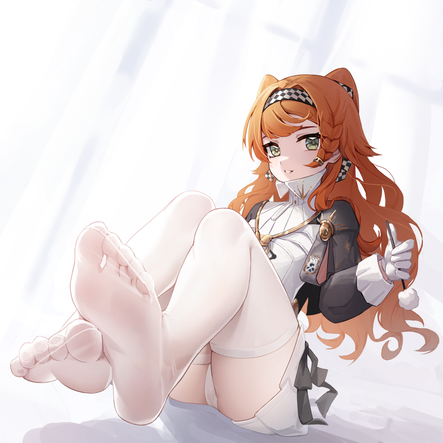 1girls, clothed, feet, female, foot focus, green eyes, light skin, light-skinned female, long hair, looking at viewer, orange hair, panties, reverse:1999, see-through, sitting, skirt, smile, solo, solo focus, sonetto (reverse:1999), thighhighs, thighs, white panties, white skirt, white thighhighs
