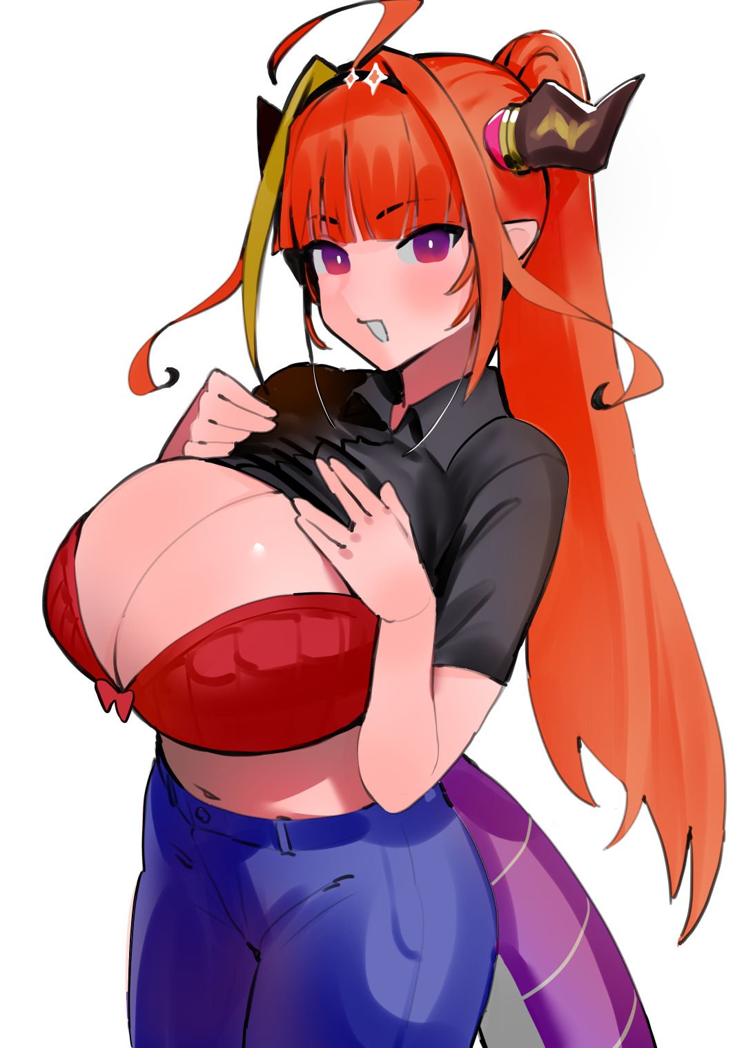 big breasts, breasts, cleavage, collared shirt, dismassd, dragon girl, dragon horns, female, holoforce, hololive, hololive japan, huge breasts, jeans, kiryu coco, lifting shirt, lingerie, long hair, magenta eyes, navel, orange hair, pointy ears, virtual youtuber