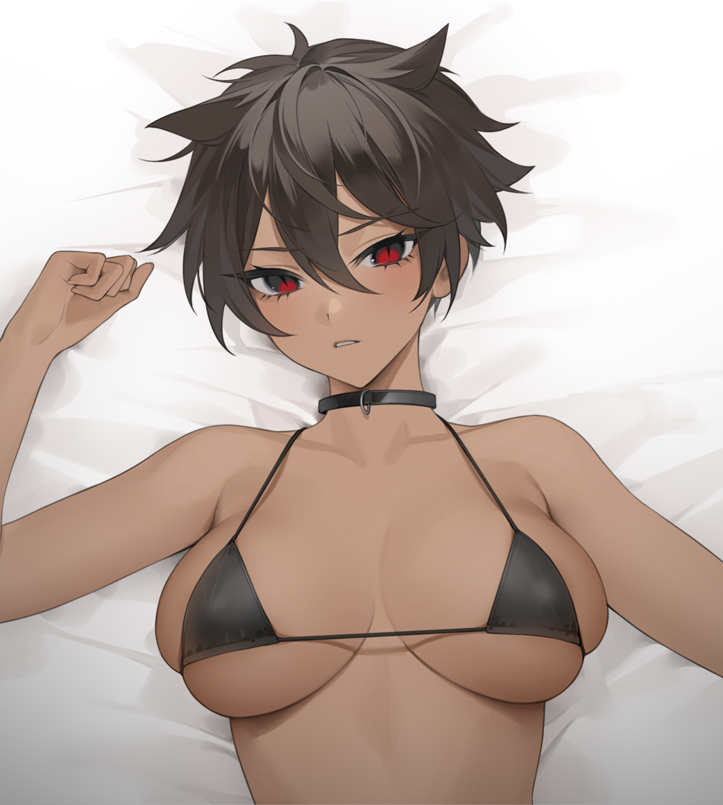 1girls bikini bikini_top black_bikini_top black_choker blush choker dark-skinned_female female female_focus female_only hair_between_eyes hair_ears highres light_blush looking_at_viewer micchan_(ohisashiburi) ohisashiburi on_back on_bed original original_character red_eyes short_hair skindentation slit_pupils tomboy very_short_hair