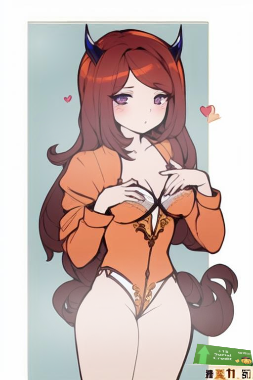 1girls ai_generated blush brown_hair cute demon demon_girl female fully_clothed heart horns medium_breasts meme opening_shirt orange_clothing original original_character questionable scp-6660 scp_foundation small_ass submissive tagme tail text thighs