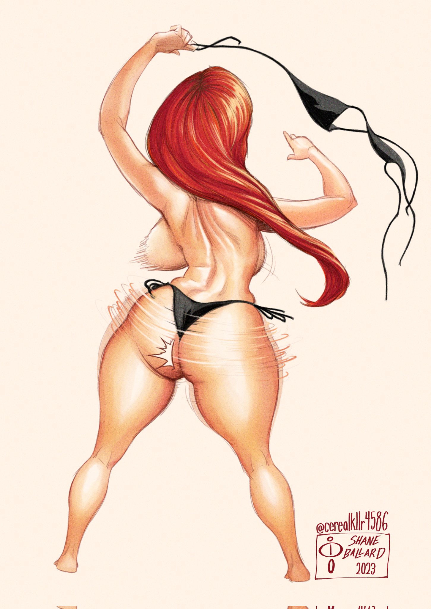 1girls, 2023, armpits, ass, athletic, athletic female, barefoot, big breasts, bikini, bikini top removed, breasts, bubble ass, bubble butt, busty, cerealkiller4586 (shane ballard), clapping cheeks, dancing, female, female only, full body, hourglass figure, large breasts, long hair, rear view, red hair, sideboob, solo, tagme, thong, topless, twirling clothes, wide hips