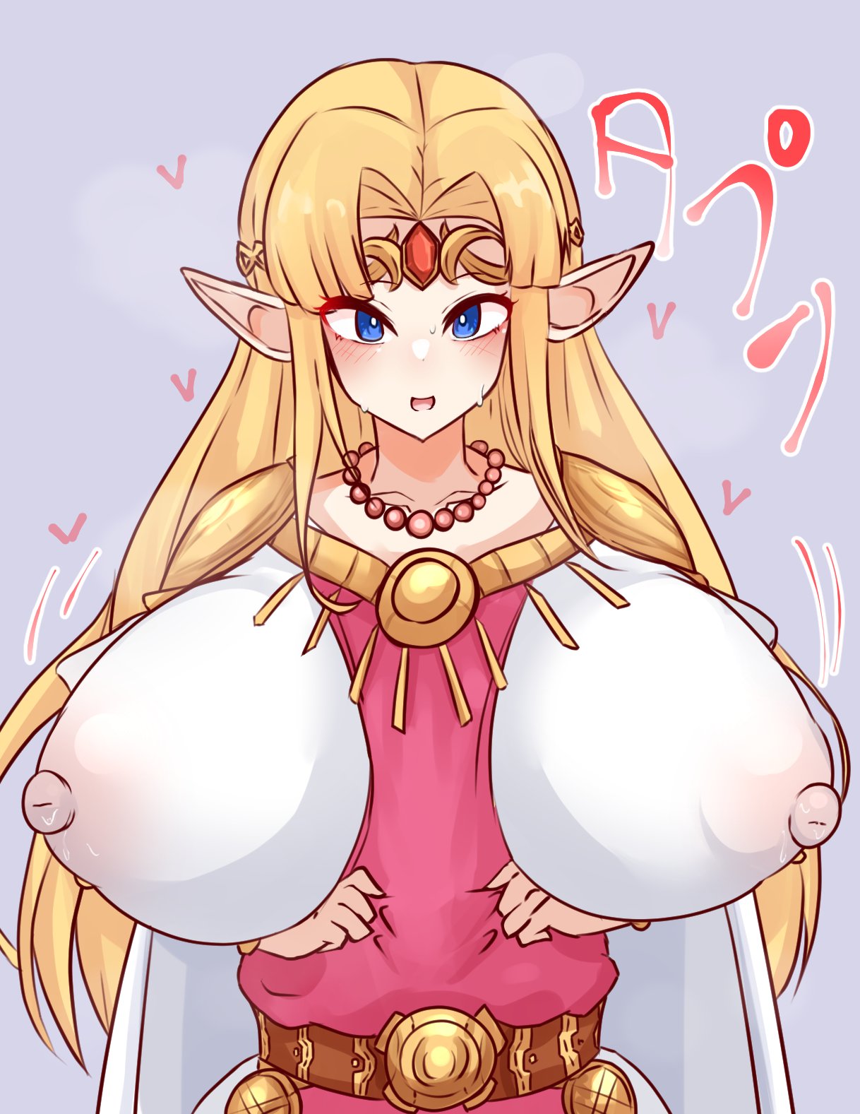 blonde hair, blue eyes, blush, breasts, elf ears, embarrassed, erect nipples, female, huge breasts, large breasts, light skin, massive breasts, nintendo, nipple bulge, nipples, nipples visible through clothing, princess zelda, skeletons62, super smash bros. ultimate, sweat, the legend of zelda, tight clothing, zelda (a link between worlds)