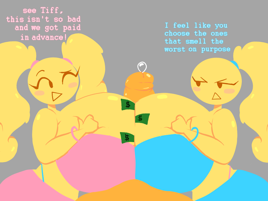 2girls annoyed brittany_(moonstadew) double_paizuri emoji_(race) happy huge_ass huge_breasts huge_cock money moonraige moonstadew multiple_girls no_outlines original_character paizuri ponytail pressing_breasts_together sisters smile test_tag text thick_thighs tiffany_(moonstadew) twintails yellow_skin