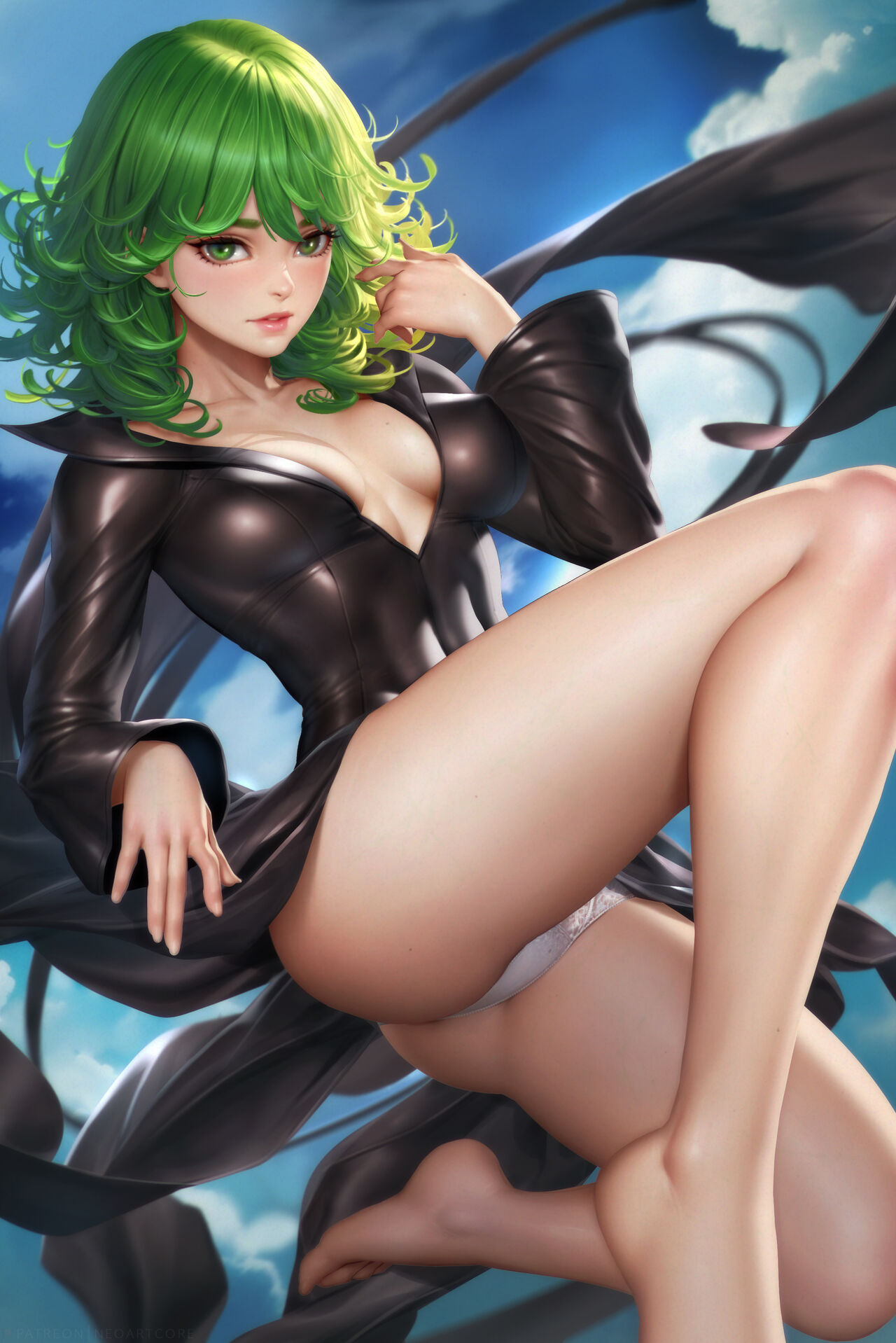 1girls, black dress, breasts, cleavage, cute, dress, female, female only, green eyes, green hair, neoartcore, one-punch man, panties, short hair, small breasts, solo, tatsumaki
