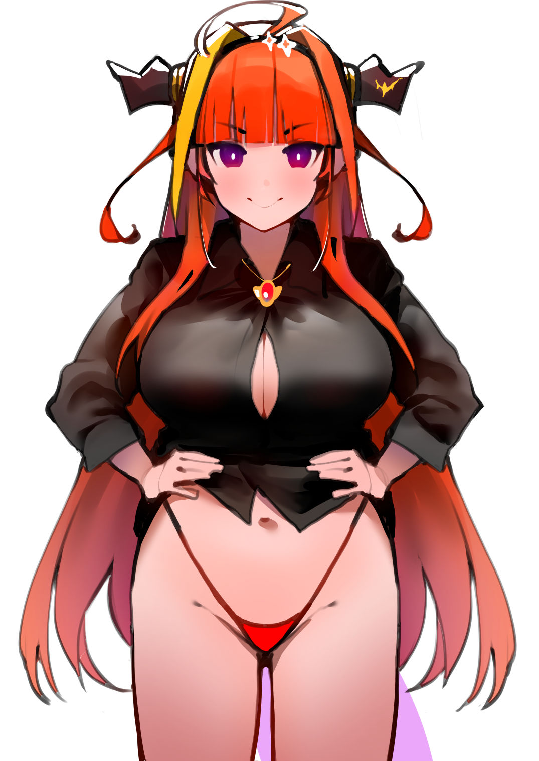 1girls, big breasts, breasts, dismassd, female, female only, holoforce, hololive, hololive japan, horns, hourglass figure, kiryu coco, large breasts, light skin, light-skinned female, orange hair, panties, purple eyes, red panties, smile, solo, virtual youtuber