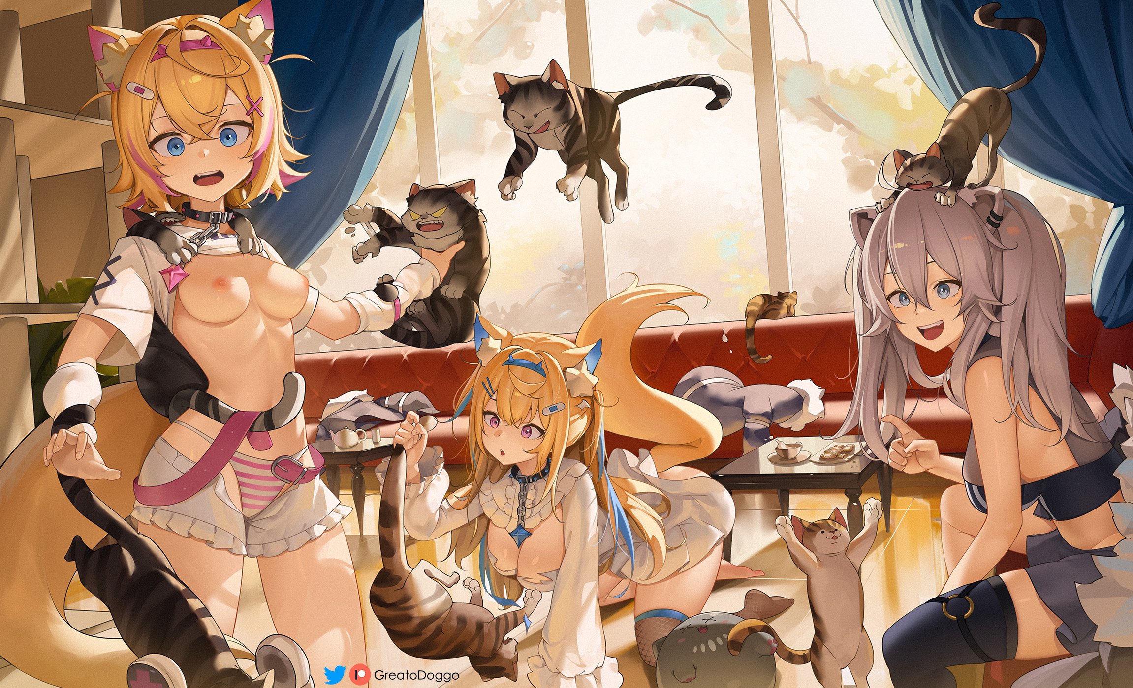 3girls, alternate version available, animal ears, blonde hair, blue eyes, breast size difference, breasts, dog ears, dog girl, feline, female, fixed, fuwamoco, fuwawa abyssgard, greatodoggo, hololive, hololive english, hololive english -advent-, hololive gen 5, hololive japan, kemonomimi, large breasts, light skin, light-skinned female, lion ears, lion girl, long hair, medium breasts, mococo abyssgard, multiple females, multiple girls, nipples, pink eyes, revision, shishiro botan, short hair, sisters, smile, tail, virtual youtuber, white hair