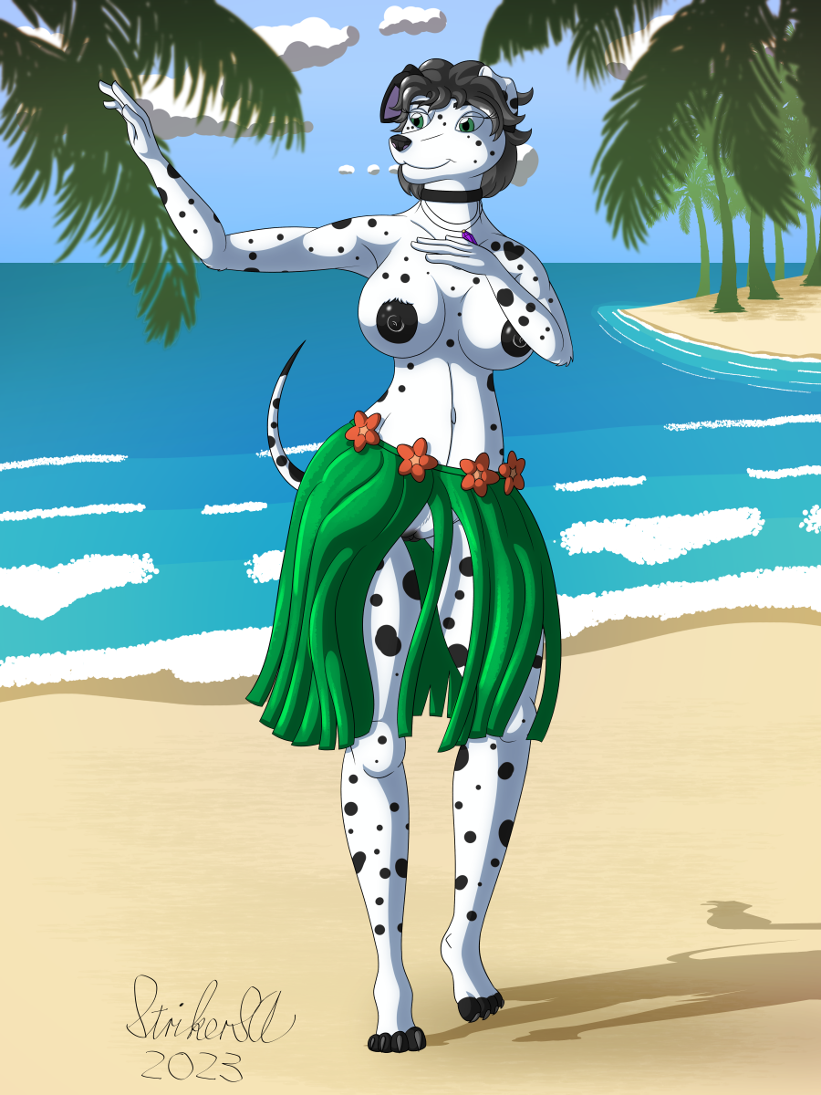 2023 3:4_ratio 4_fingers 4_toes anthro artist_name beach big_breasts black_hair black_nose black_spots breasts canid canine canis claws clothed clothing dalmatian dated digital_media_(artwork) domestic_dog dottie_barkin feet female fingers fur furaffinity genitals grass_skirt hair hi_res hindpaw hula humanoid_hands mammal navel nipples outside palm_tree paws plant pubes public_topless pussy sand seaside signature skirt_only smile solo spots spotted_body spotted_fur strikersa toe_claws toes topless topless_anthro topless_female tree uncensored uncensored_breasts uncensored_vagina water white_body white_fur