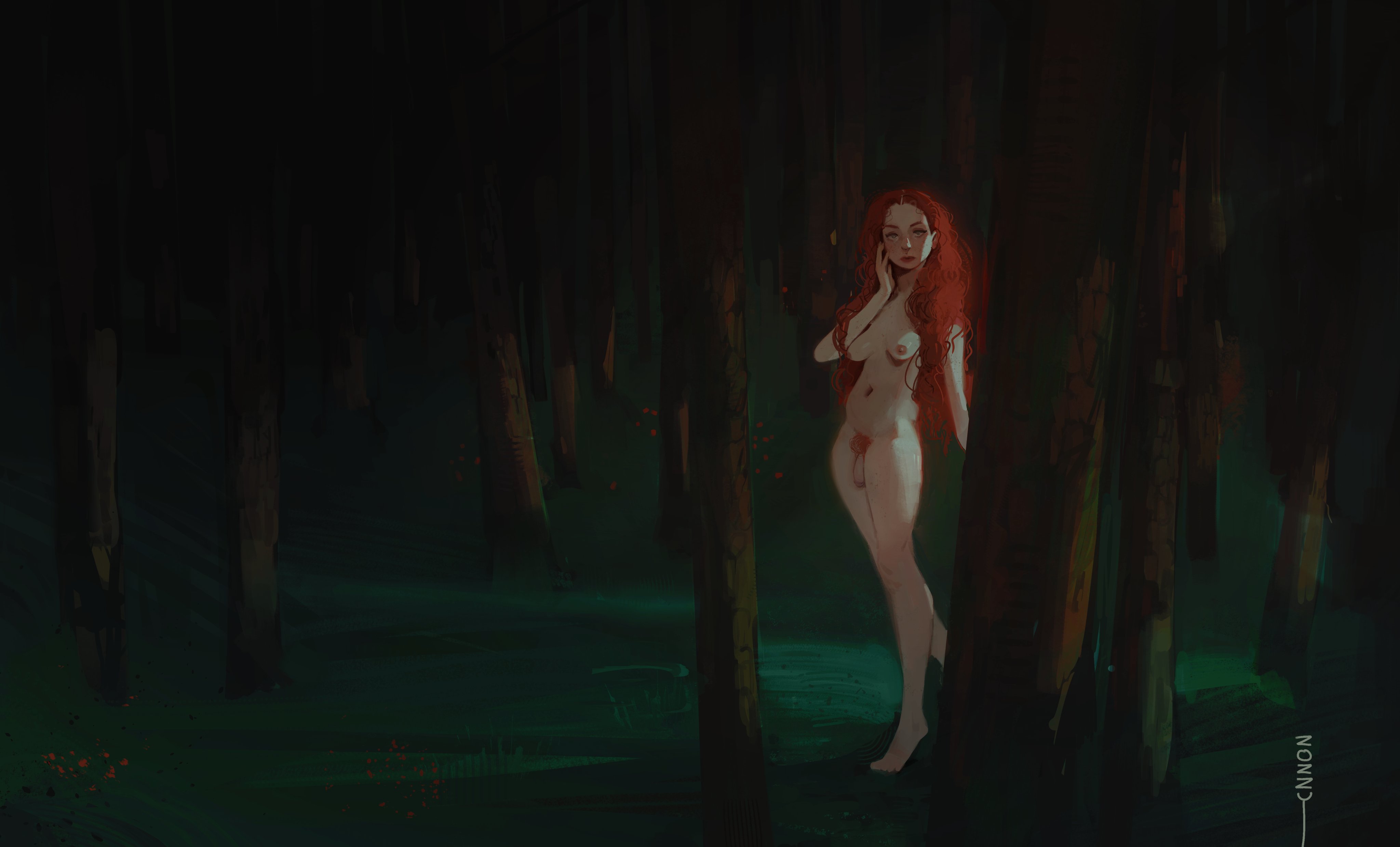 1futa, balls, big breasts, breasts, curly hair, flaccid, forest, freckles, futa only, futanari, ginger, human, intersex, light skin, light-skinned futa, long hair, naked, naked futa, nude, orange hair, original, outdoors, outside, penis, pubic hair, red hair, solo, standing, zozzy (sauceleg)