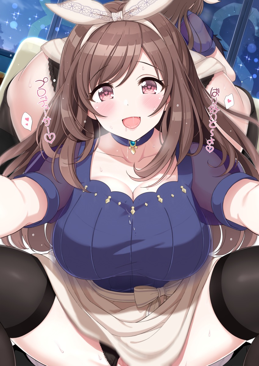 beige_skirt black_legwear black_panties black_shirt blush bow breasts brown_eyes brown_hair choker cleavage clothes_lift clothing_aside collarbone hairband hairbow heart heart-shaped_pupils highres idolmaster idolmaster_shiny_colors jewel_(the_black_canvas) jewelry large_breasts long_hair looking_at_viewer multiple_views open_mouth panties panties_aside pendant revision shirt short_sleeves skirt skirt_lift smile sparkle spread_legs swept_bangs symbol-shaped_pupils thighs tsukioka_kogane underwear white_bow