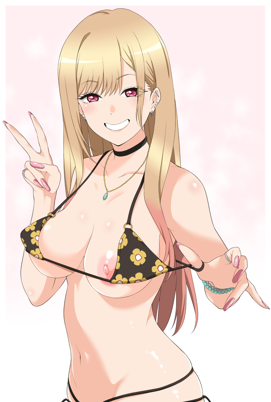 1girls, bikini, bikini aside, bikini bottom, bikini top aside, blonde hair, bracelet, breasts, breasts out, choker, earrings, female, female focus, female only, floral print, futamine kobito, grin, gyaru, jewelry, kitagawa marin, looking at viewer, multicolored hair, nail polish, necklace, nipples, peace sign, pendant, pink nails, presenting, presenting breasts, ring, smile, sono bisque doll wa koi wo suru, swimsuit, two-tone hair, upper body, v, v sign