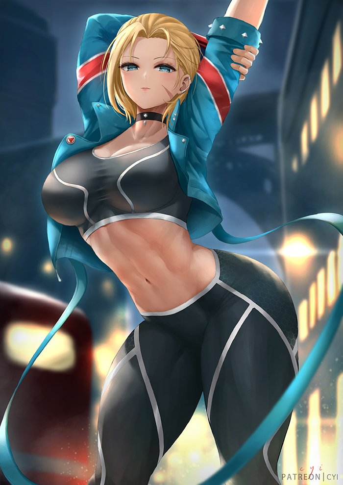 1girls arms_up bare_shoulders black_bra black_gloves black_pants blonde_hair blue_eyes blue_jacket blush bra breasts cammy_white cleavage collarbone crop_top cyicheng facial_scar female female_only fingerless_gloves fully_clothed gloves jacket large_breasts looking_at_viewer navel open_clothes open_jacket pants scar scar_on_cheek scar_on_face short_hair solo street_fighter street_fighter_6 thighs tight tight_pants toned underwear