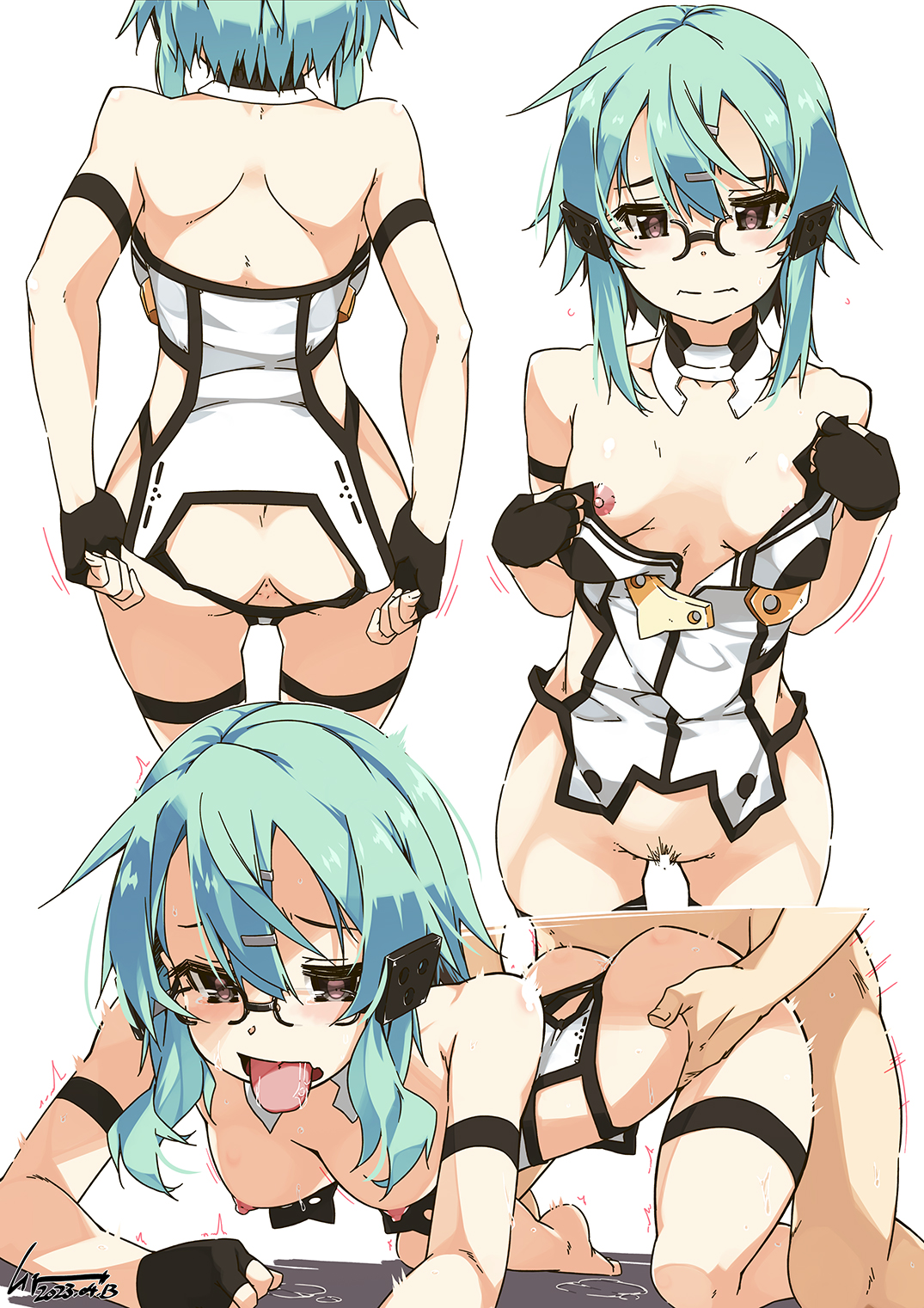 1boy, 1girls, ahe gao, all fours, ambiguous penetration, anus, aqua hair, armband, asada shino, ass, black eyes, blue hair, breasts, censor bar, censored, cosplay, doggy style, drool, drooling, faceless male, female, fingerless gloves, from behind, from behind position, frown, gun gale online, hair ornament, hairclip, legband, light blue hair, male, medium breasts, nipples, open mouth, pubic hair, shikei, short hair, short hair with long locks, sinon, sword art online, tongue, tongue out, white background