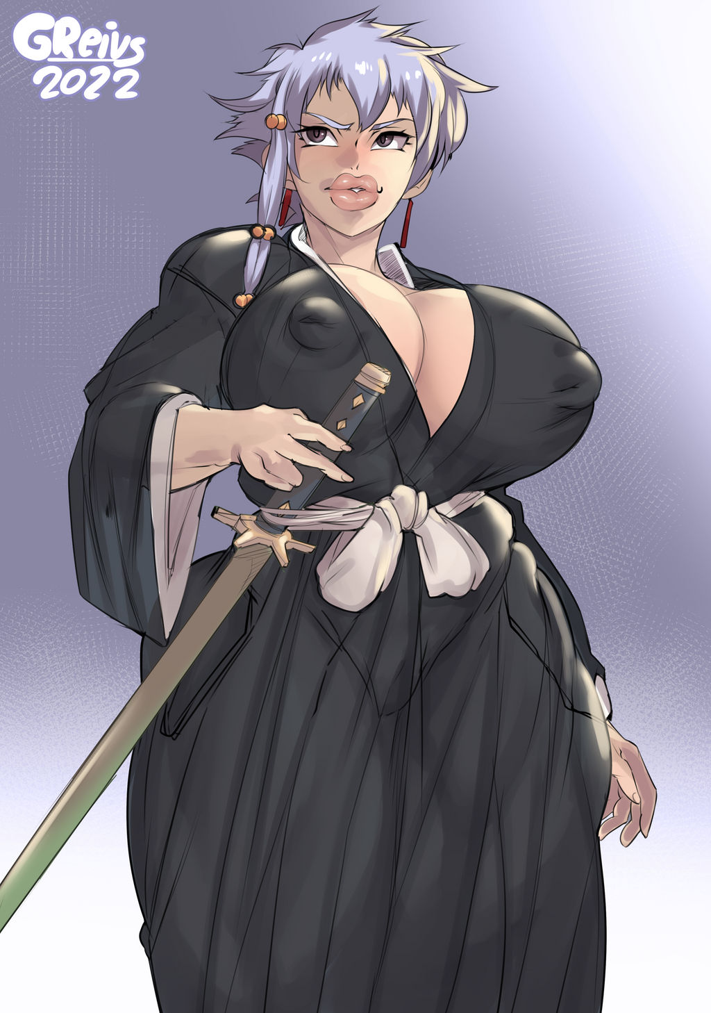 alternate_version_available areola_visible_through_clothing areolae_visible_through_clothing big_breasts big_lips bimbofication black_hakama bleach clothed clothed_female clothing earrings full_lips greivs grey_eyes hakama katana kotetsu_isane light-skinned_female light_skin light_skinned_female nipples_visible_through_clothing sfw_version short_hair white_hair wide_hips