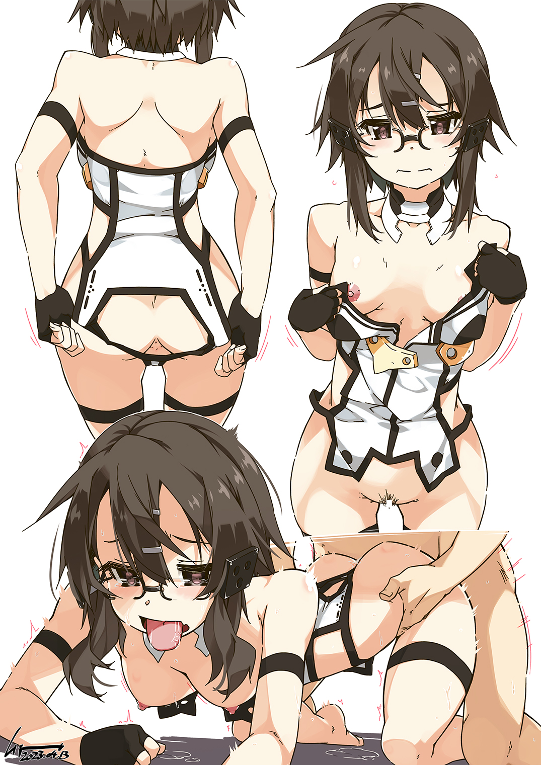 1boy, 1girls, ahe gao, all fours, ambiguous penetration, anus, armband, asada shino, ass, black eyes, black hair, breasts, censor bar, censored, cosplay, doggy style, drool, drooling, faceless male, female, fingerless gloves, from behind, from behind position, frown, hair ornament, hairclip, legband, male, medium breasts, nipples, open mouth, pubic hair, shikei, short hair, short hair with long locks, sword art online, tongue, tongue out, white background