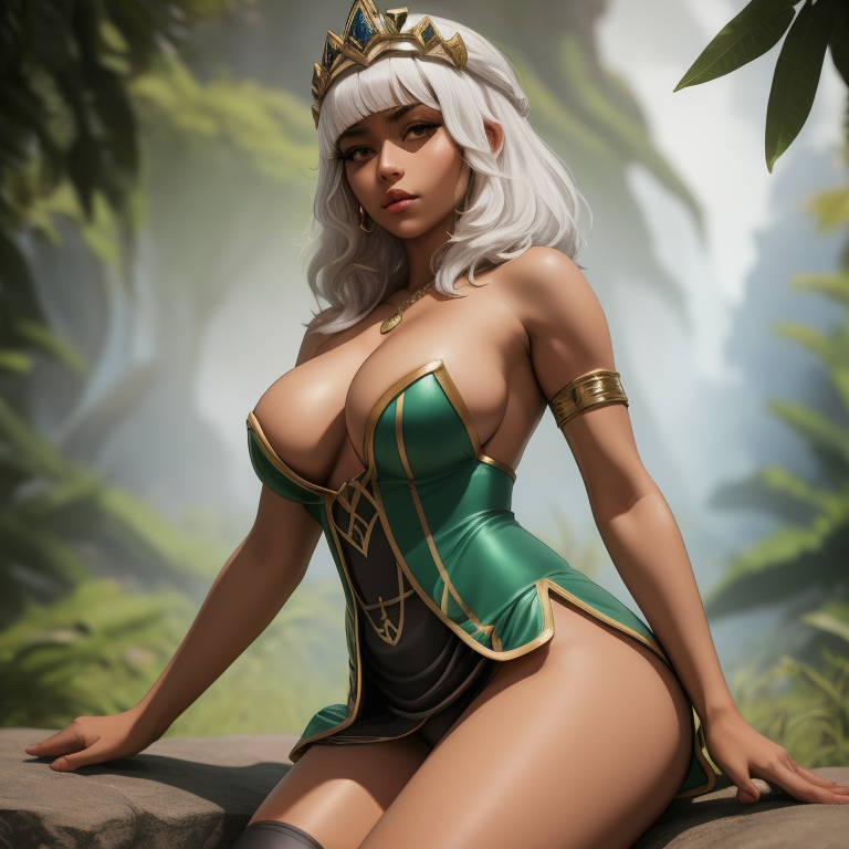 ai generated, big breasts, breasts, dress, female, green eyes, league of legends, marannd, qiyana yunalai, stable diffusion, thick thighs, white hair