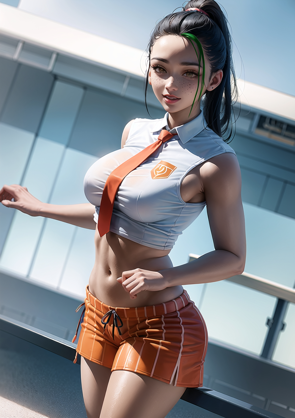1girls, ai generated, black hair, brown eyes, curvy, curvy female, curvy figure, female, female focus, female only, looking at viewer, nemona (pokemon), pokemon, pokemon sv, school uniform, schoolgirl, solo female, stable diffusion, voluptuous, voluptuous female