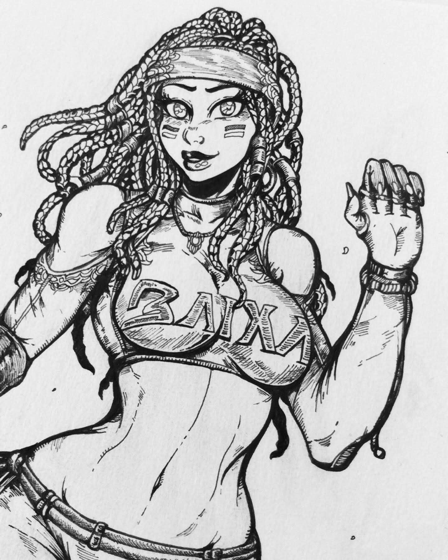 black_and_white crop_top dreads exposed_shoulders full_lips makini_draws midriff wide_hips