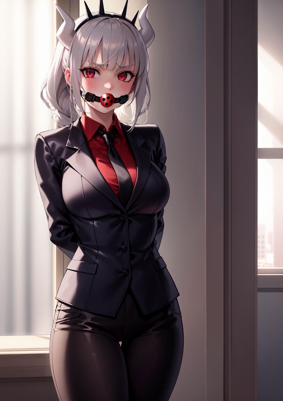 1girls, ai generated, arms behind back, ball gag, black legwear, blush, bondage, breasts, clothed, clothing, crown, demon, demon girl, female, gag, hands behind back, helltaker, hi res, horn, large breasts, long hair, looking at viewer, lucifer (helltaker), office lady, red eyes, red shirt, solo, stable diffusion, suit, thick thighs, thigh gap, tie, tight clothing, white hair, wide hips