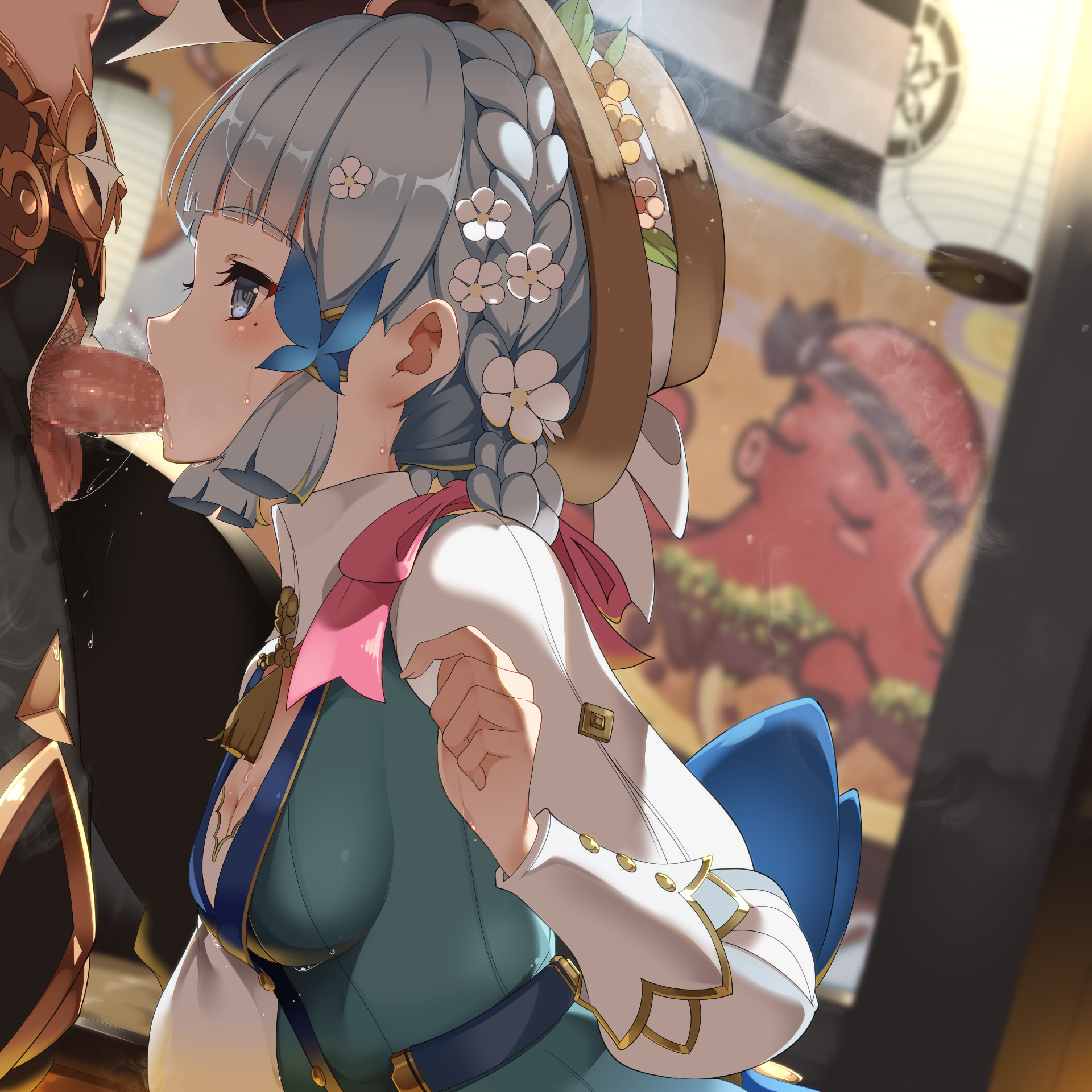 1boy, 1girls, aether (genshin impact), blowjob, blue eyes, blue hair, blush, censored, eyebrows visible through hair, eyelashes, female, flower in hair, genshin impact, hair ornament, hat, head grab, headwear, kamisato ayaka, kamisato ayaka (springbloom missive), male, mole, mole under eye, mosaic censoring, penis, pubic hair, saliva, saliva on penis, saliva string, saliva trail, sweat, takashia (akimototakashia)