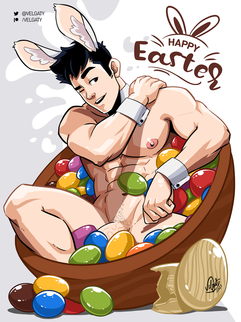 abs bara biceps bunny_ears covering_crotch easter easter_egg english_text gay leo_(velgaty) male male_only muscle muscles muscular muscular_male pecs penis penis_peek smooth_chest smooth_skin spread_legs twitter_user_oc veiny_penis velgaty winking