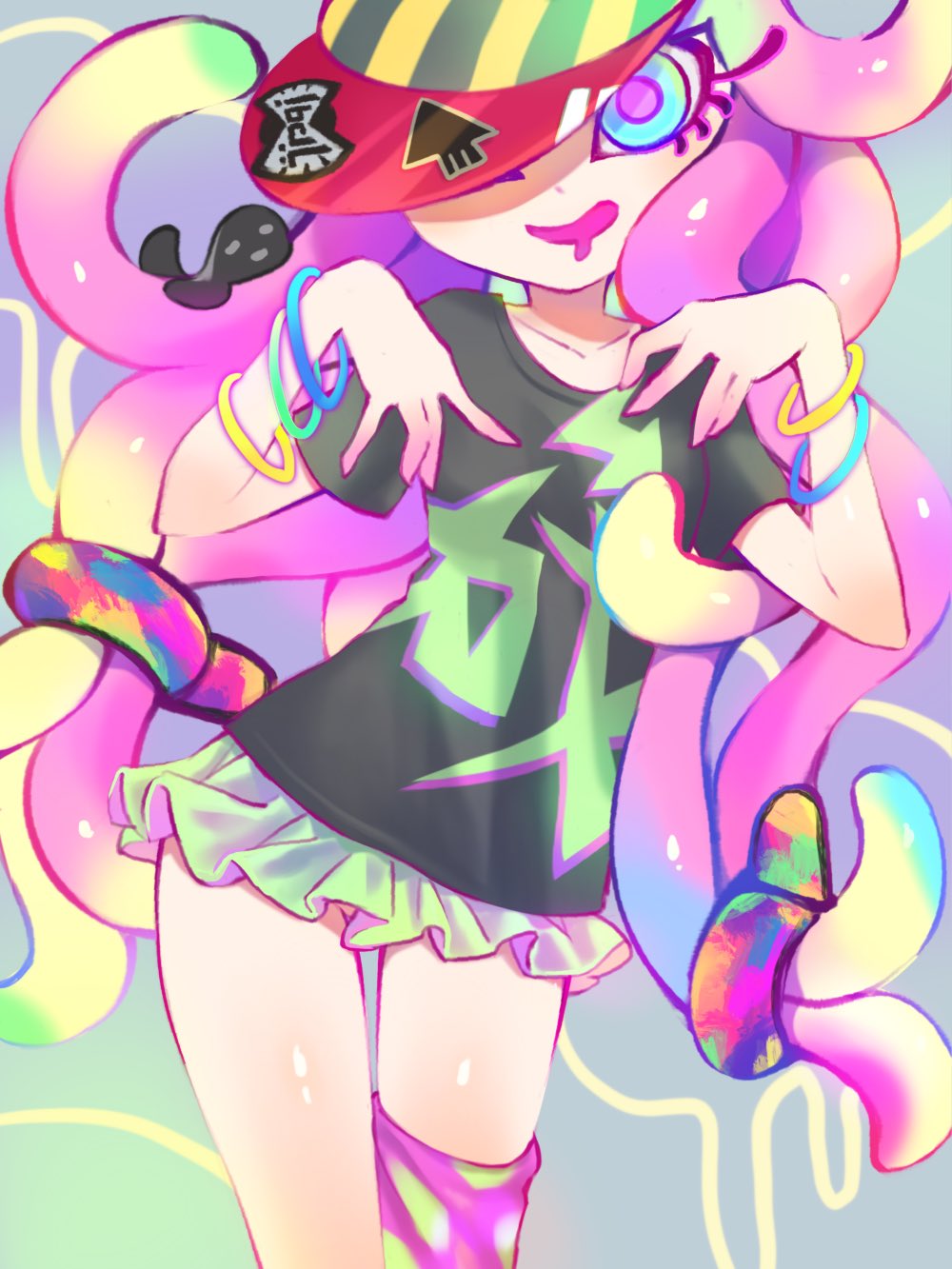 1girls, female, harmony (splatoon), harmony's clownfish (splatoon), jtveemo, miniskirt, nintendo, no panties, one eye covered, splatoon, splatoon (series), splatoon 3