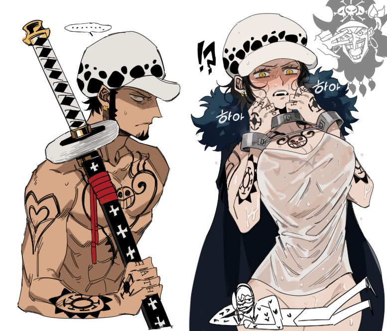 1boy 1girls black_hair blush bottomless breath canon_genderswap cape character_censor chest_tattoo collar dual_persona female genderswap_(mtf) handcuffs hat headwear hourglass_figure jolly_roger_tattoo_(one_piece) long_sideburns male marshall_d_teach muscular muscular_male nero_is_so_cute nipples_visible_through_clothing no_bra one_piece pale-skinned_female pale_skin restrained rule_63 shiku_shiku_no_mi short_hair shounen_jump tan_skin tank_top tattoo tattooed_arm tattoos trafalgar_law trafalgar_law_(female) wet_clothes wet_hair wet_skin wide_hips yellow_eyes