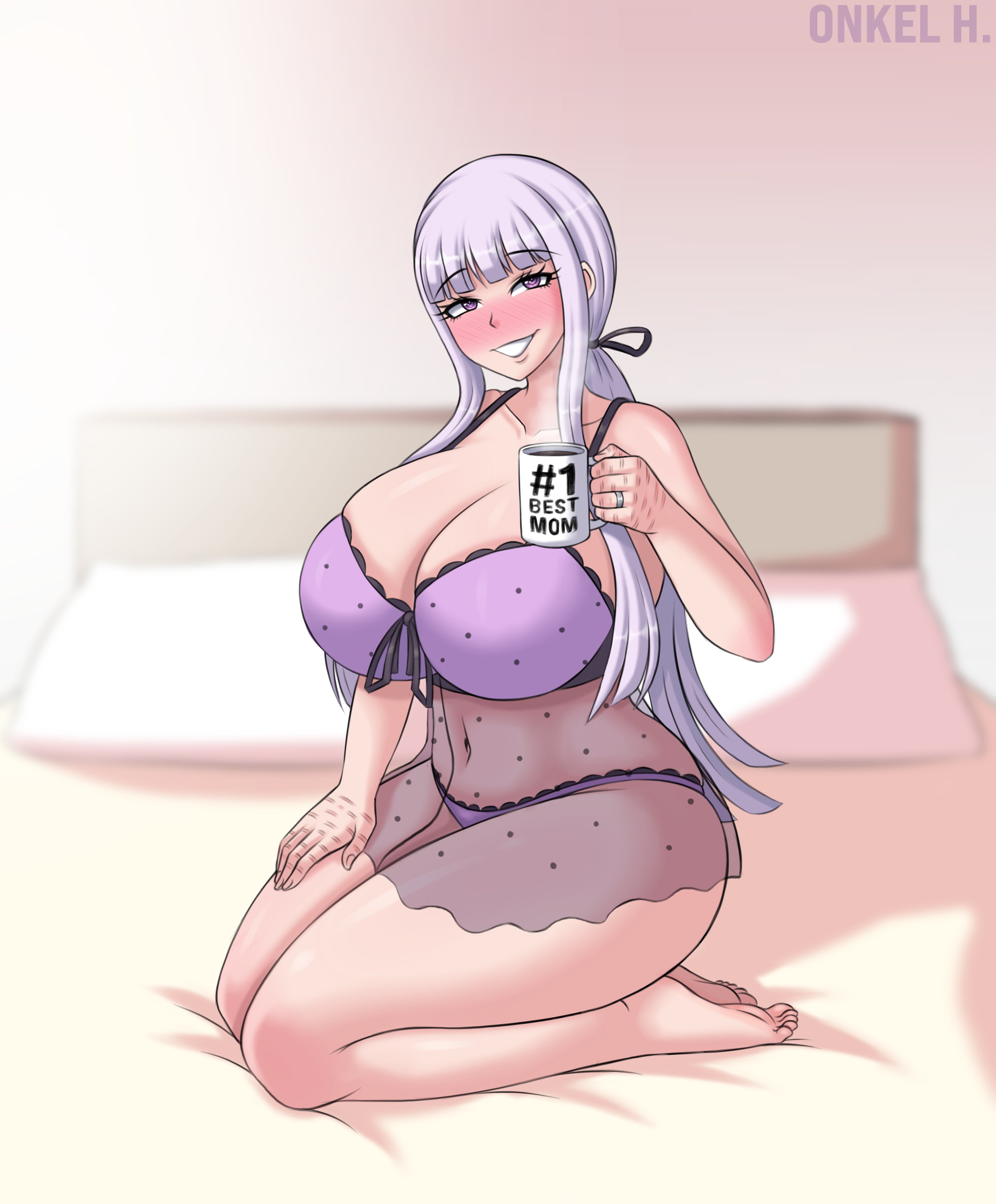 1girls, aged up, big breasts, blush, breasts, busty, commission, danganronpa, female, grin, hi res, holding object, hourglass figure, huge breasts, kirigiri kyouko, kneeling, large breasts, lavender hair, light skin, light-skinned female, lingerie, long hair, mature female, milf, mother, mug, naughty face, onkel h, purple eyes, smile, straight hair, thick thighs, thighs, voluptuous, voluptuous female, wide hips