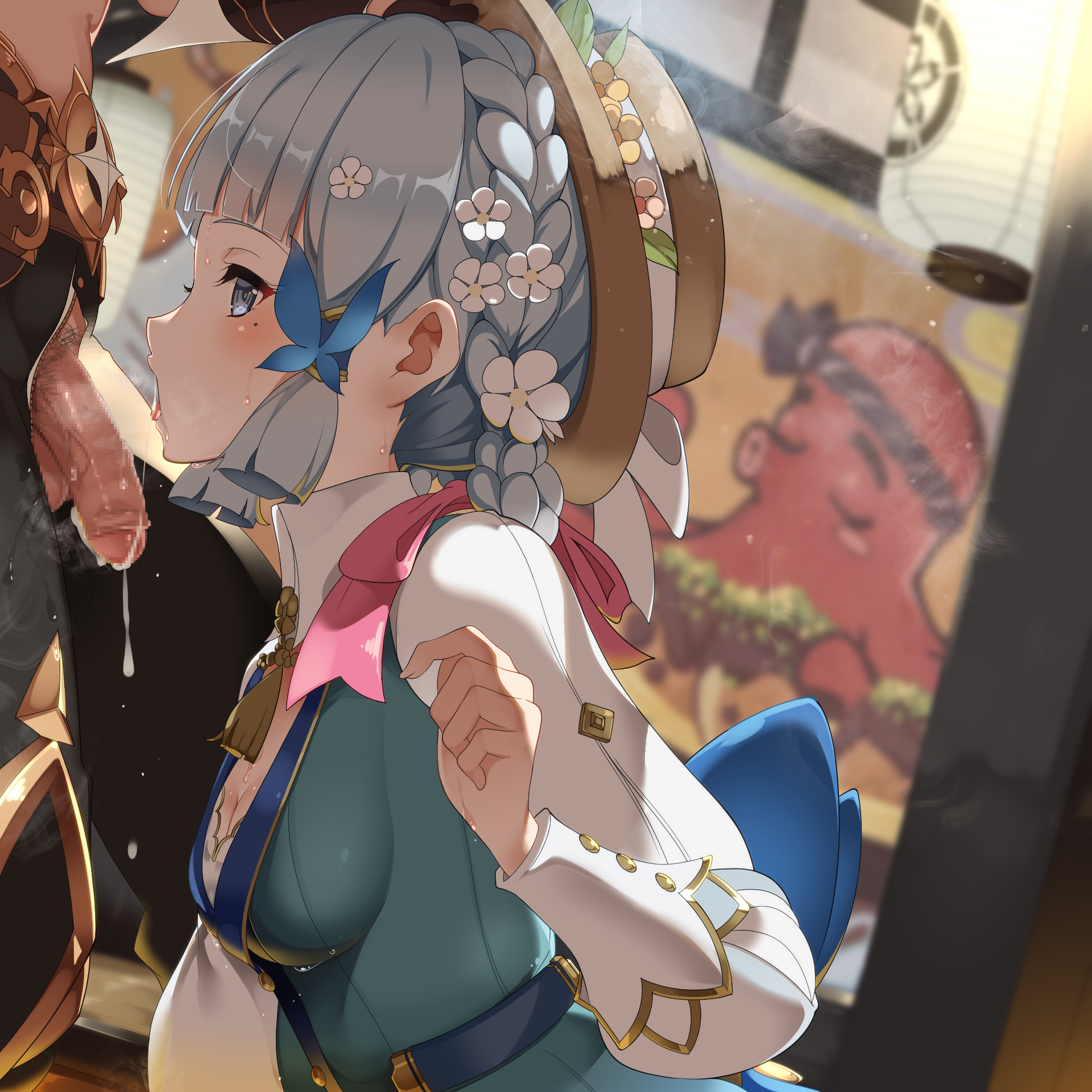 1boy, 1girls, aether (genshin impact), blue eyes, blue hair, blush, censored, cum, cum in mouth, cum on penis, eyebrows visible through hair, eyelashes, fellatio, female, flower in hair, genshin impact, hair ornament, hat, head grab, headwear, kamisato ayaka, kamisato ayaka (springbloom missive), male, mole, mole under eye, mosaic censoring, open mouth, penis, pubic hair, saliva, saliva on penis, saliva string, saliva trail, sweat, takashia (akimototakashia), tongue, tongue out