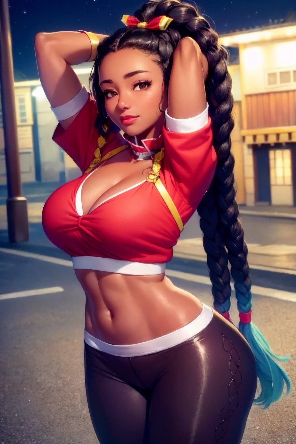 1girls, abs, ai generated, bow, braid, braided hair, breasts, brown eyes, capcom, cleavage, clothed, clothing, crop top, cute, dark skin, dark-skinned female, female, female only, hourglass figure, kimberly jackson, kunoichi, large breasts, long hair, ninja, novelai, pose, solo, stable diffusion, street fighter, street fighter 6, tight clothing, very long hair, video games