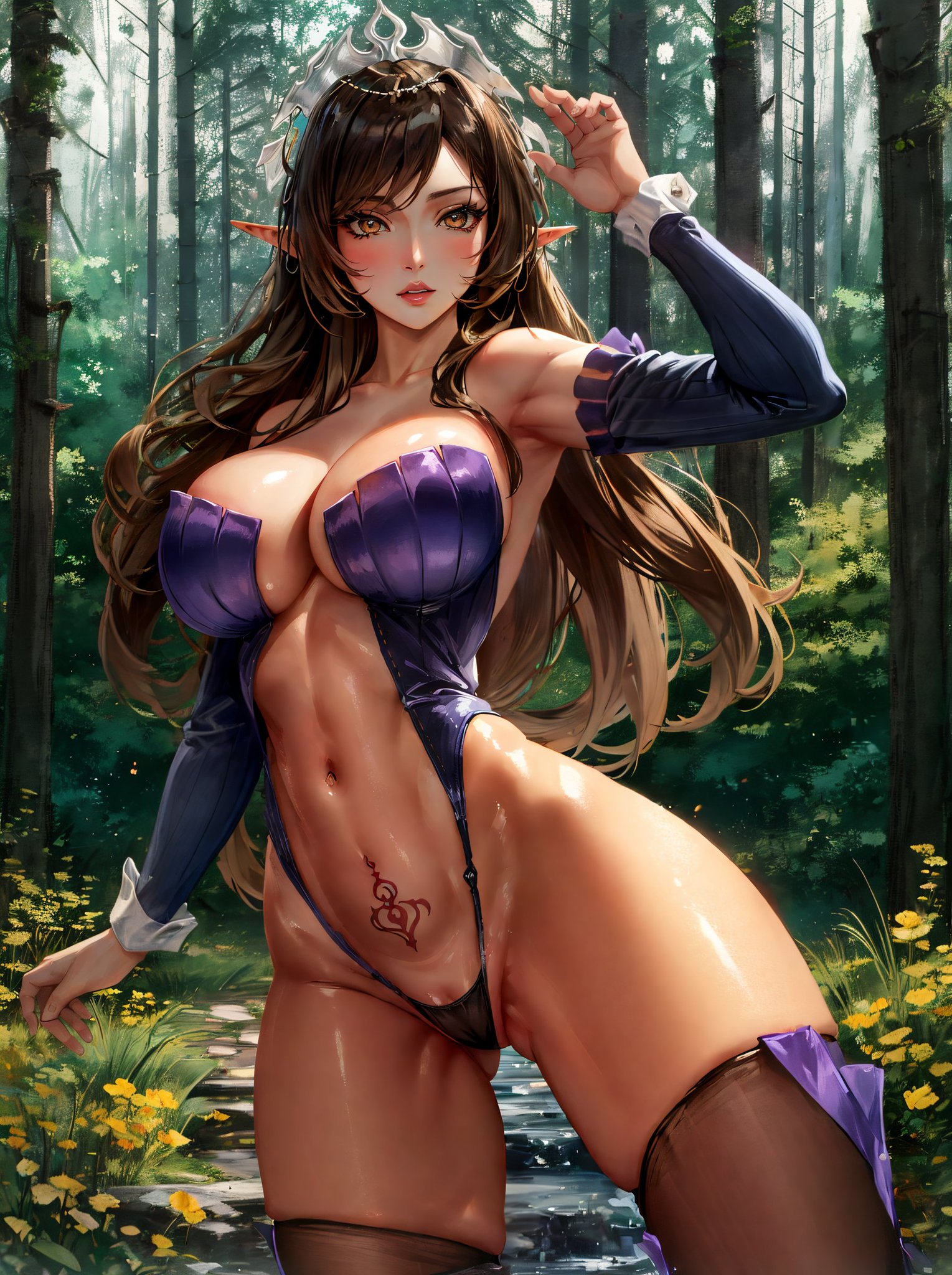 1girls, ai generated, amber eyes, breasts, brown hair, curvaceous, curvy body, curvy female, curvy figure, dark elf, dark skin, dark-skinned female, elf, elf female, female, female focus, hi res, huge breasts, kuroinu ~kedakaki seijo wa hakudaku ni somaru~, legwear, leotard, lingerie, olga discordia, pointy ears, pubic tattoo, seductive look, solo, solo female, stable diffusion, thighhighs, voluptuous, voluptuous female