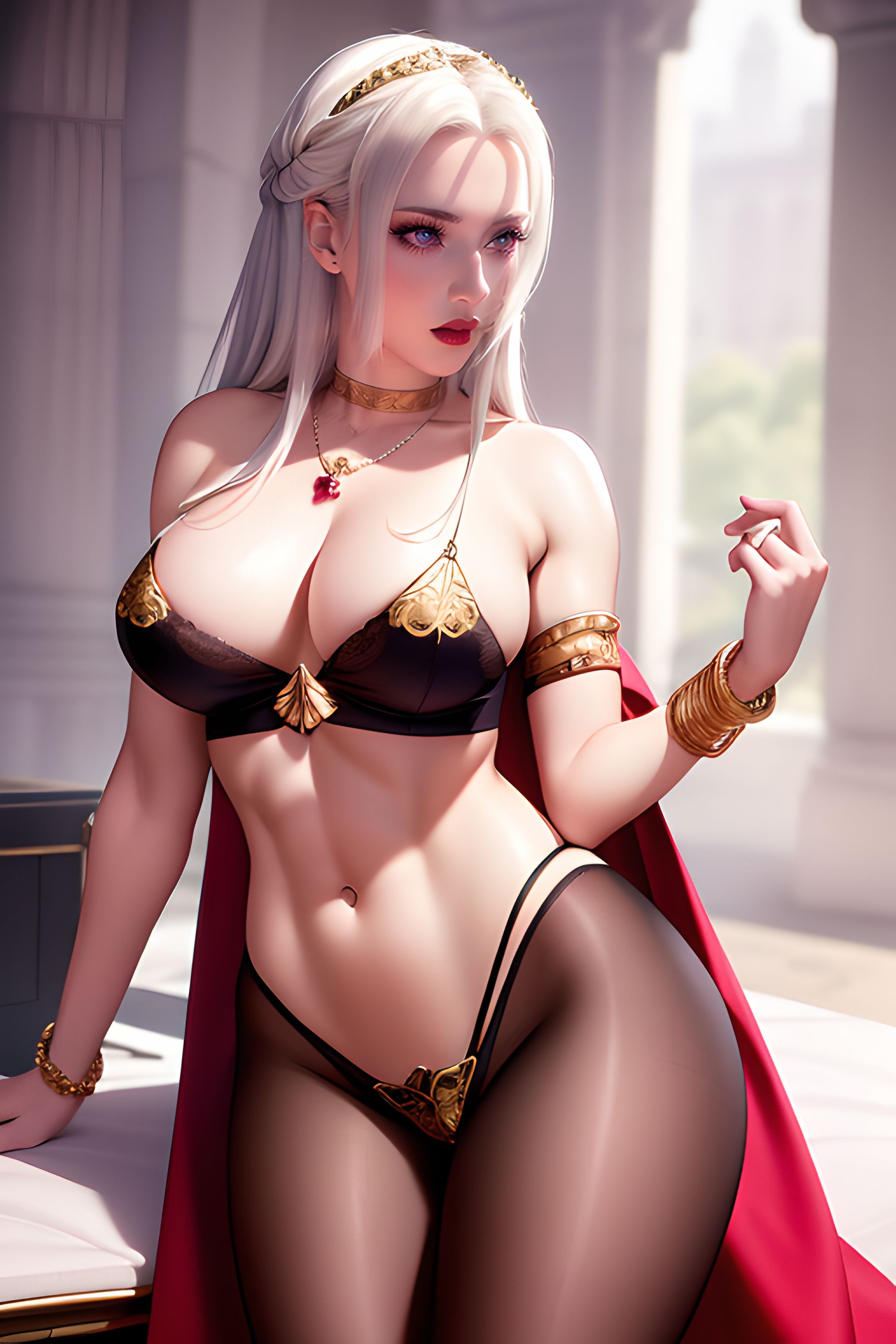 abs, absurd res, ai generated, bangle, belly, black bra, black legwear, black tights, bra, bracelet, breasts, choker, cleavage, dancer outfit, dankmasterai, edelgard von hresvelg, female, fire emblem, fire emblem: three houses, gem, gold jewelry, hair ornament, jewelry, necklace, nintendo, purple eyes, shiny clothes, smooth skin, stable diffusion, stockings, stomach, thong, tights, tummy, white hair