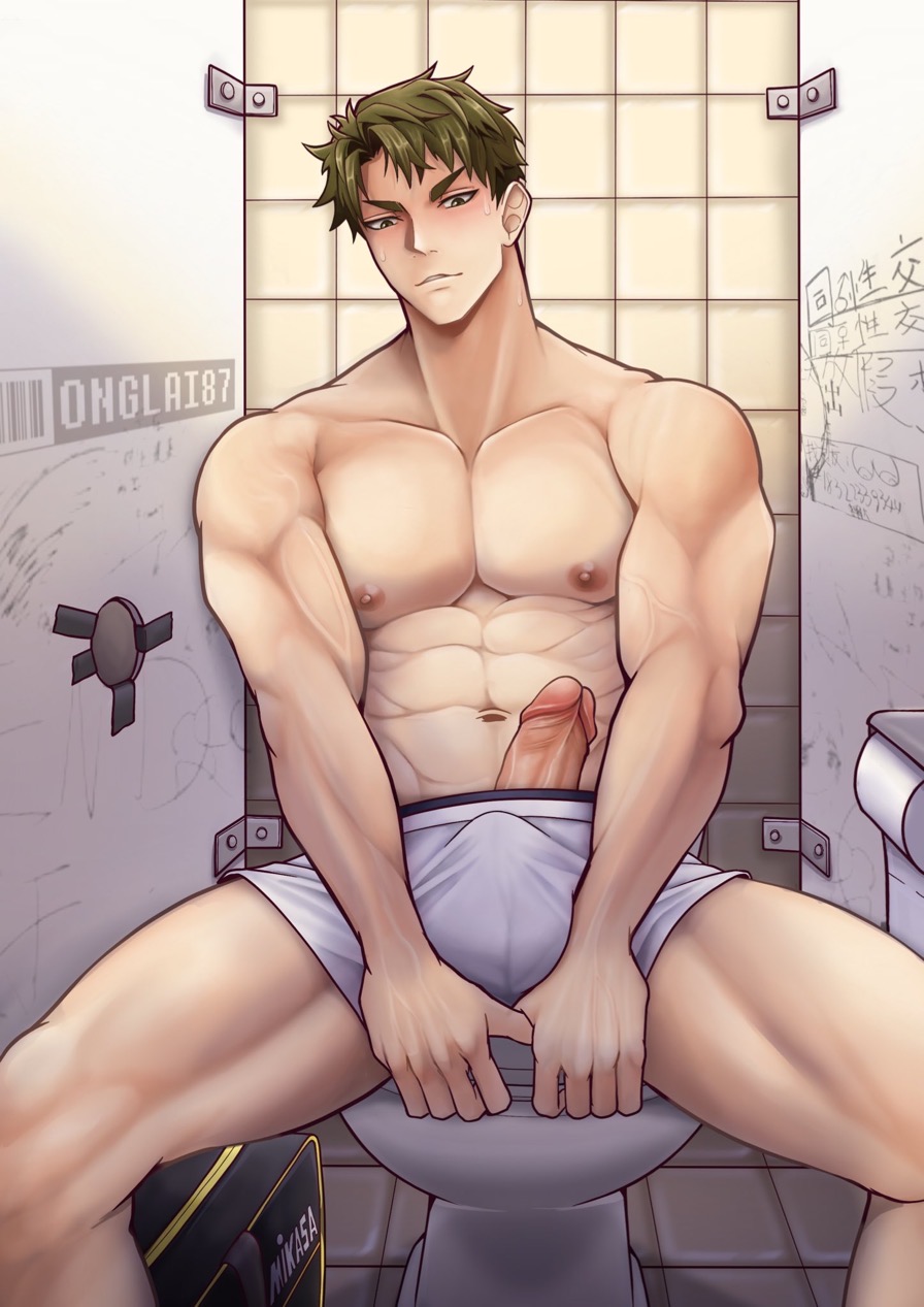 athletic_male blush erection glory_hole haikyuu!! looking_at_viewer male male_only manspreading muscular_arms muscular_male muscular_thighs nervous olive_hair onglai87 pecs pectorals penis_peek pov presenting_to_viewer public_restroom restroom_stall sitting_on_toilet solo sweatdrop underwear underwear_only ushijima_wakatoshi white_underwear