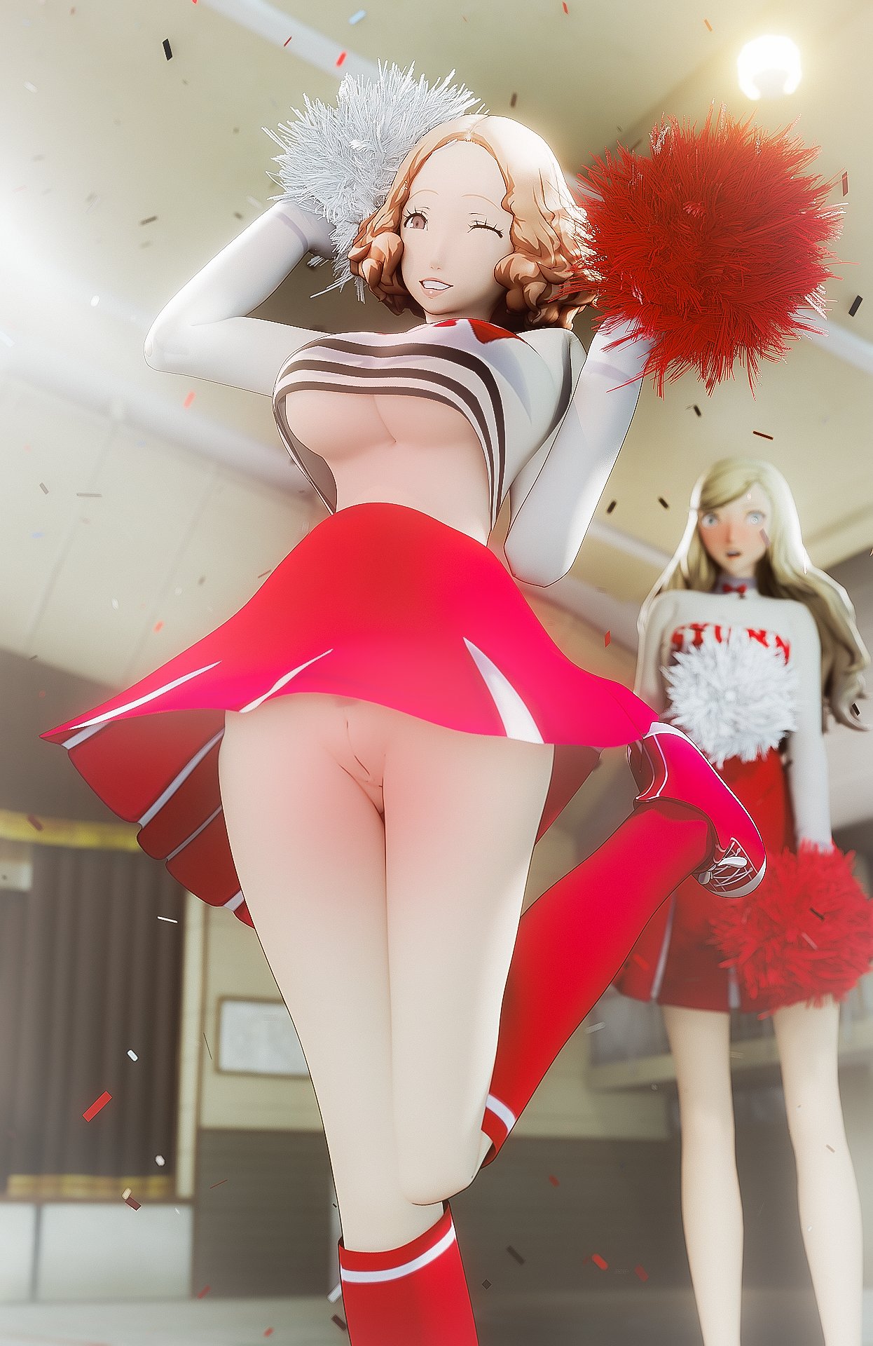 2girls, 3d, 3d (artwork), alternate hairstyle, amateurthrowaway, ann takamaki, atlus, blue eyes, breasts, brown eyes, brown hair, cheerleader, cheerleader uniform, curly hair, female, going commando, hair down, haru okumura, holding object, huge breasts, indoors, light skin, light-skinned female, long hair, midriff, no bra, no panties, no underwear, persona, persona 5, pom poms, pussy, short hair, short skirt, skirt, thighs, uncensored, underboob, wink