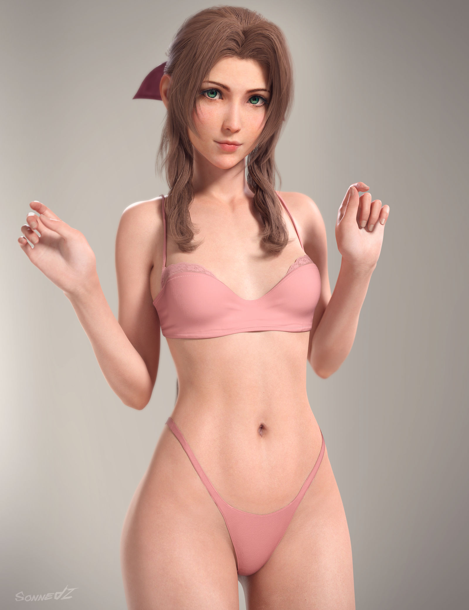 1girls, 3d, aerith gainsborough, breasts, female, female only, final fantasy, final fantasy vii, final fantasy vii remake, light skin, light-skinned female, small breasts, sonnedz, square enix, straight hair, underwear