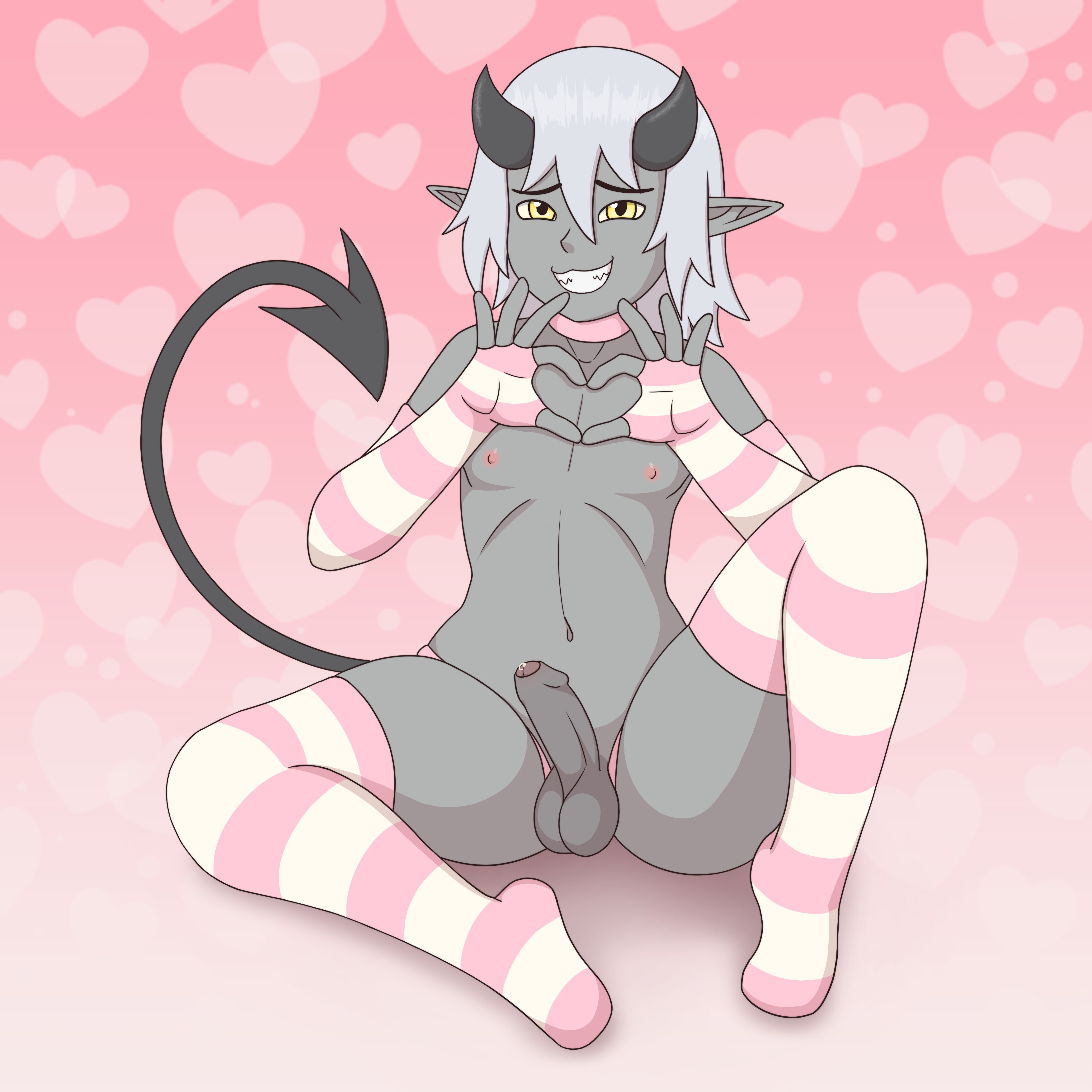 1boy, anus, ass, balls, ballsack, bedroom eyes, big ass, big butt, blush, curved to the right penis, cute, demon, demon ears, demon horns, demon tail, erection, femboy, femboy only, flaccid, flaccid penis, foreskin, gloves, heart, imp, laugh, laughing, legs up, long hair, looking at viewer, male, male focus, male only, penis, penis out, pink body, pointy ears, pov, precum, precum drip, precum on penis, sissy, small penis, smile, smiling, smiling at viewer, smooth penis, smug, solo, solo focus, spread legs, testicles, thick penis, thick thighs, thigh highs, thighhighs, thighs, trap, twink, uncircumcised, valentine's day, van (vanilireph), vanilireph, white hair, yellow eyes