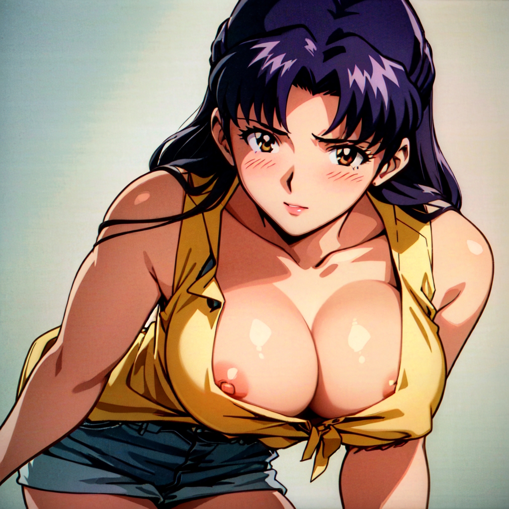 1girls, 2023, ai generated, areolae, big breasts, blush, breasts, female, gold eyes, jean shorts, leaning forward, misato katsuragi, neon genesis evangelion, nipple slip, purple hair, tank top