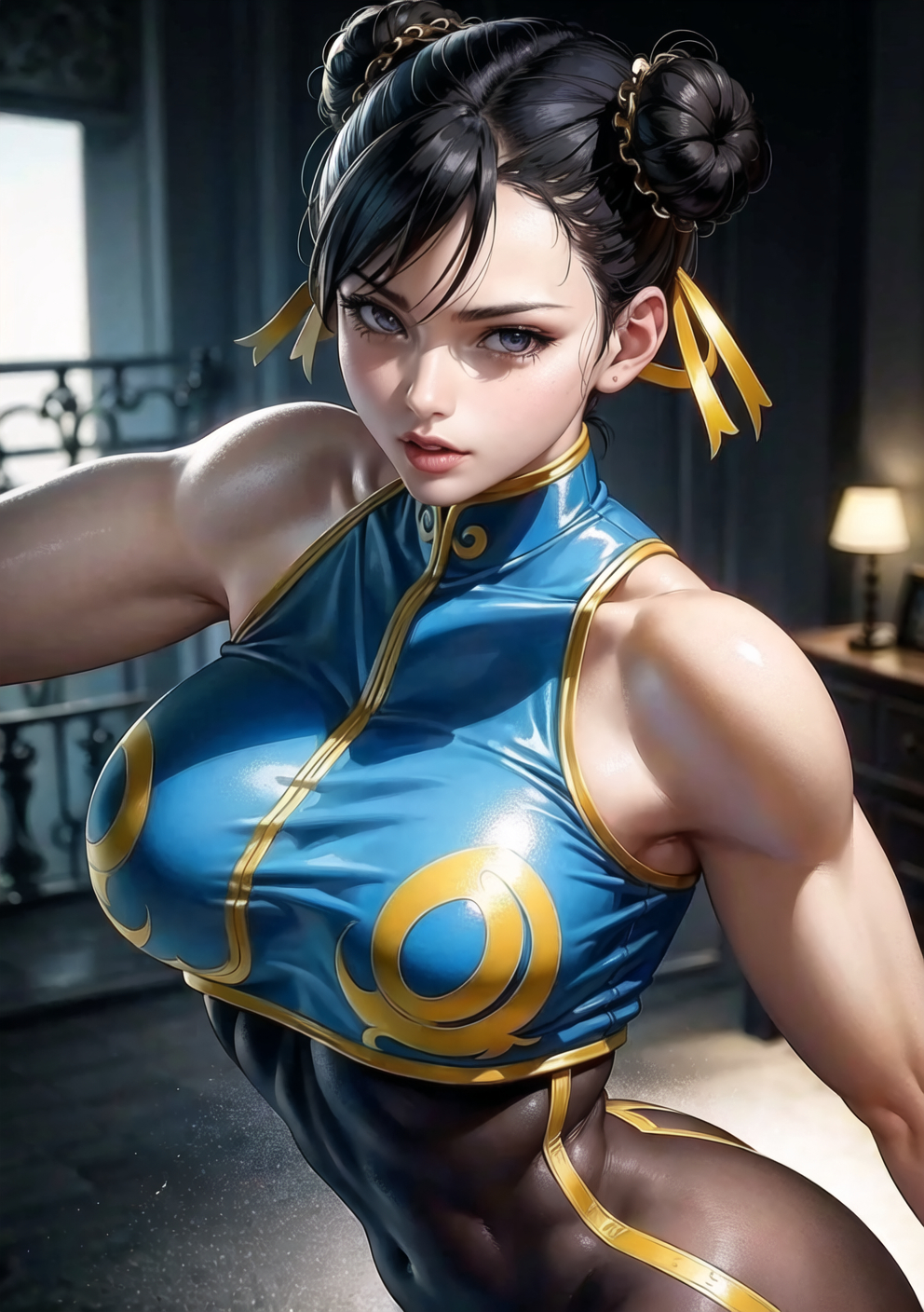 1girls, ai generated, black hair, blue eyes, breasts, chun-li, curvy, curvy body, curvy female, curvy figure, female, female focus, female only, hair bun, huge breasts, looking at viewer, seductive eyes, solo female, solo focus, stable diffusion, street fighter, street fighter alpha