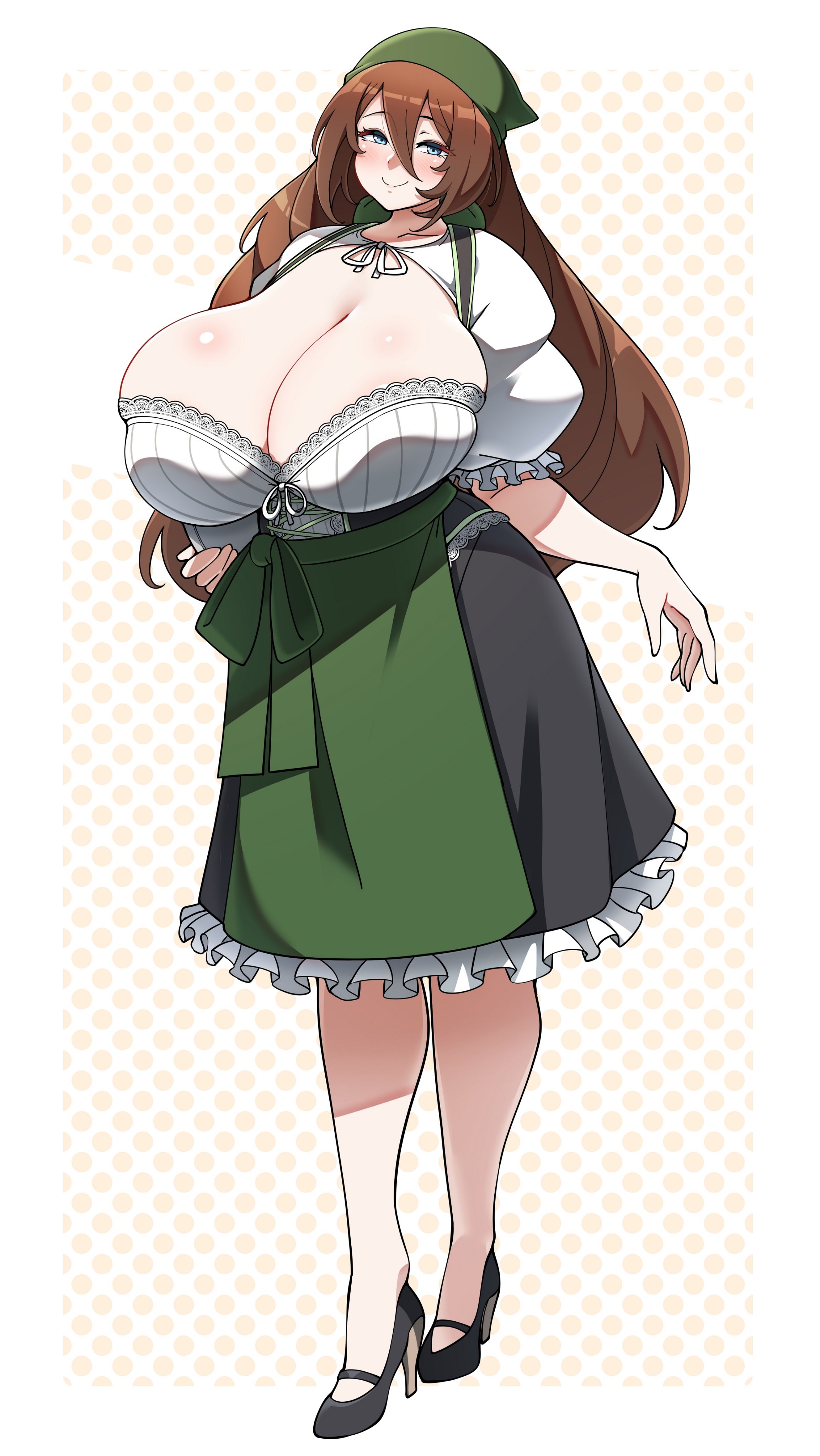 1girls, 2023, absurd res, apron, bare arms, blue eyes, blush, breasts, brown hair, cleavage, clothed, clothing, eyebrows visible through hair, female, female only, frilled dress, frills, full body, gigantic breasts, hair between eyes, hat, head scarf, high heels, highres, holding plate, konoshige (ryuun), long hair, mature female, original, original character, plate, ryuun (stiil), simple background, skindentation, smile, solo, standing, very long hair, waist apron