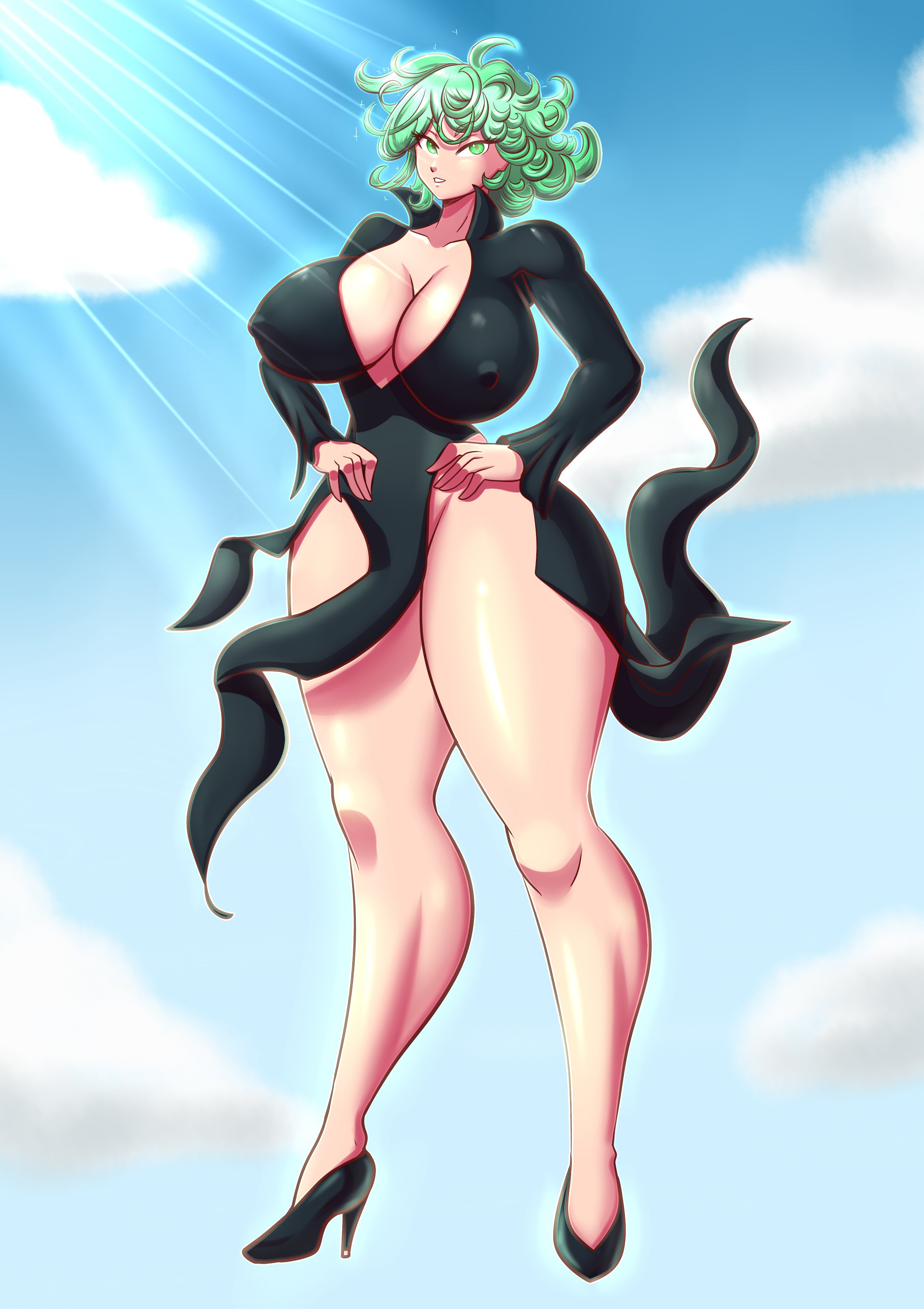 1girls, absurd res, alternate breast size, aura, bangs, big breasts, breasts, cleavage, clothing, cloud, collarbone, collared dress, curly hair, dress, eyebrows visible through hair, eyelashes, female, female focus, female only, full body, green eyes, green hair, hand on hip, high heels, highleg, hips, huge breasts, human, large breasts, levitation, long sleeves, looking at viewer, medium hair, nipple bulge, nipples, nipples visible through clothing, no bra, no panties, one-punch man, outside, panchito1234nos, parted lips, psychic, revealing clothes, schnauzercito, shiny skin, skimpy, skirt, smile, solo, solo female, sunlight, tatsumaki, teeth, thick thighs, thighs, wide hips