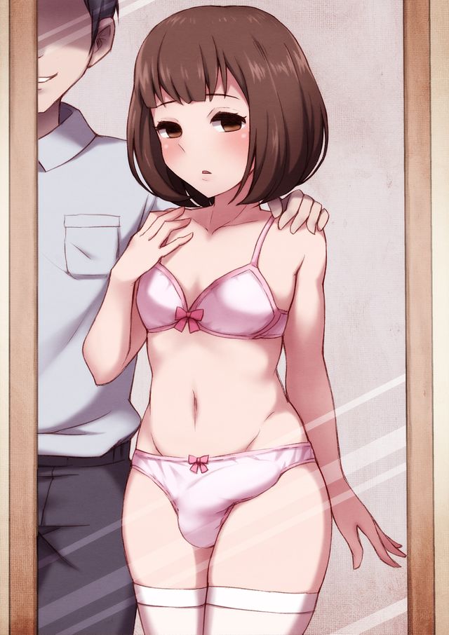 2boys, arm on shoulder, bra, brown eyes, brown hair, bulge, bulge through clothing, clothed, crossdressing, femboy, human, human only, lingerie, male, medium hair, mirror, panties, penis, penis in panties, penis under clothes, shy, thighhighs, thighs, trap, wataya 2, white legwear, white thighhighs
