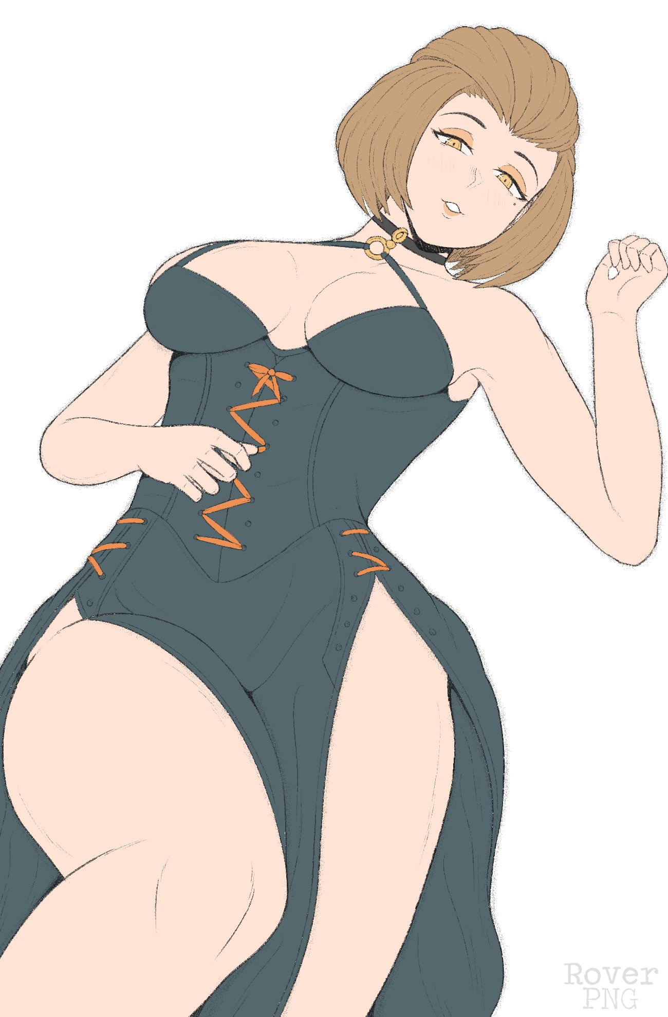 1girls, 2023, brown hair, dress, female, female only, fire emblem, fire emblem: three houses, hi res, lipstick, looking at viewer, makeup, manuela casagranda, medium hair, narrowed eyes, nintendo, on back, orange eyeshadow, orange lips, orange lipstick, roverpng, smile, smiling at viewer, solo, white background, yellow eyes