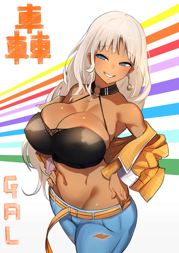 1girls 2019 bare_shoulders belt black_shirt blue_eyes breasts cleavage clothing crop_top dark-skinned_female dark_skin earrings eyebrows_visible_through_hair female female_only grin gyaru half-closed_eyes hands_on_hips highres huge_breasts jacket jewelry long_hair midriff navel nijisanji nipple_bulge nuezou o-ring open_clothes open_jacket pants platinum_blonde_hair rainbow seductive shirt simple_background skindentation smile solo standing teeth text tight_clothing todoroki_kyouko torn_clothes torn_pants very_long_hair virtual_youtuber wide_hips