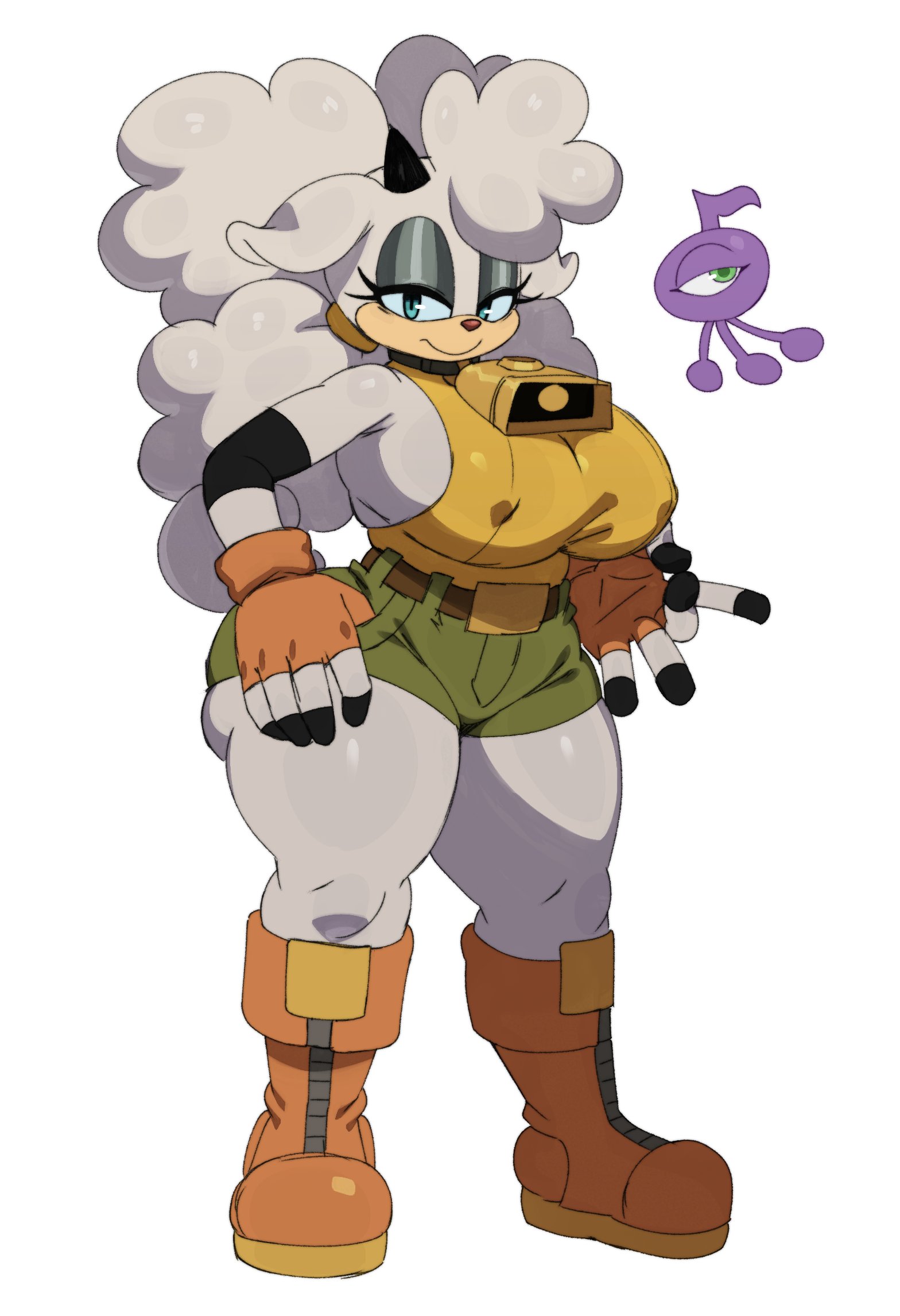 1girls, 2d, anthro, ass, bell, bell collar, belt, big ass, big hair, blue eyes, boots, breasts, caprine, combat boots, erect nipples, erect nipples under clothes, eyelashes, female, female only, fingerless gloves, fully clothed, fur, hair, horns, huge breasts, idw comics, idw publishing, lanolin the sheep, looking at viewer, magenta wisp, magenta wisp (sonic), maggie (sonic), mobian, mobian (species), mobian sheep, nipples, nipples visible through clothing, no bra, no bra under clothes, sega, sheep, sheep horns, shorts, solo, sonic (series), sonic colors, sonic lost world, sonic the hedgehog (comics), sonic the hedgehog (idw), sonic the hedgehog (series), sssonic2, tail, thick thighs, white background, wide hips, wisp (sonic), wool (fur)